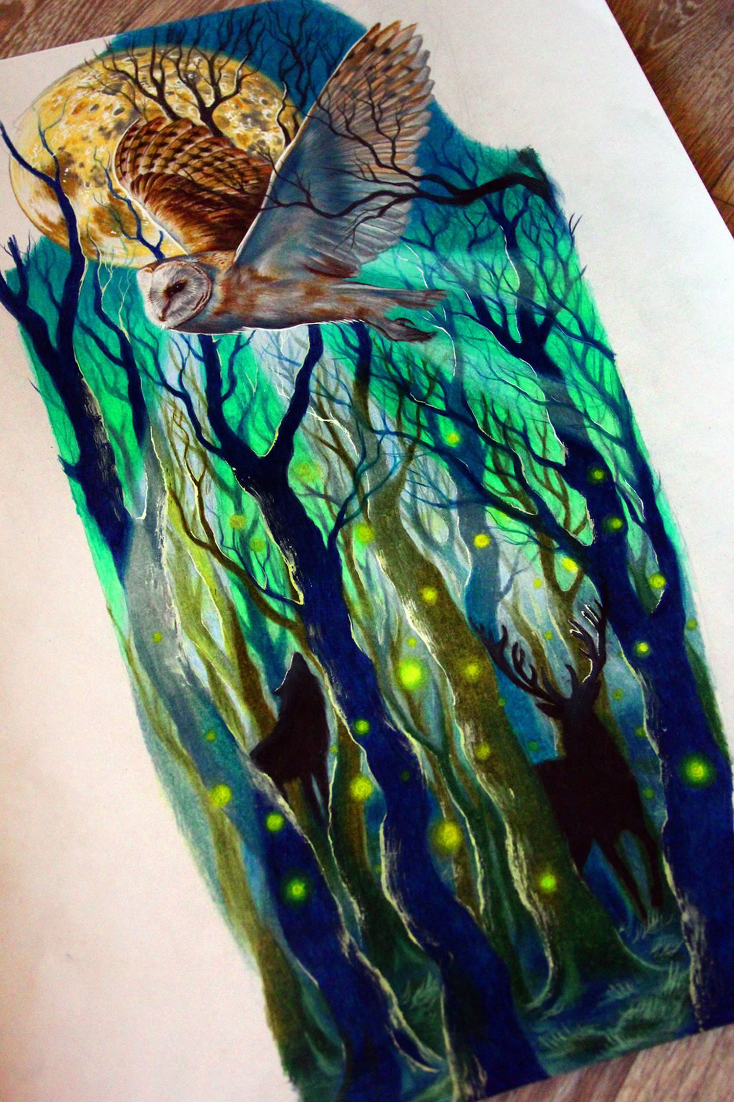 owl and trees drawing by Nika Samarina