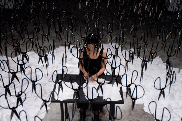 Artist Beili Liu Embroiders Underneath Hundreds of Suspended Scissors
