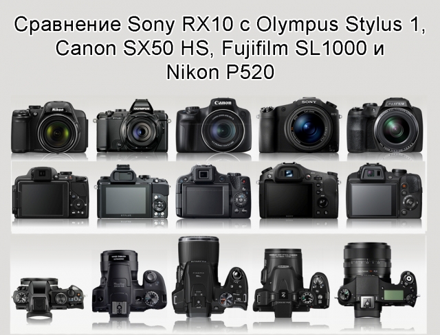 Сравнение Sony RX10 с Olympus Stylus 1, Canon SX50 HS, Fujifilm SL1000 и Nikon P520