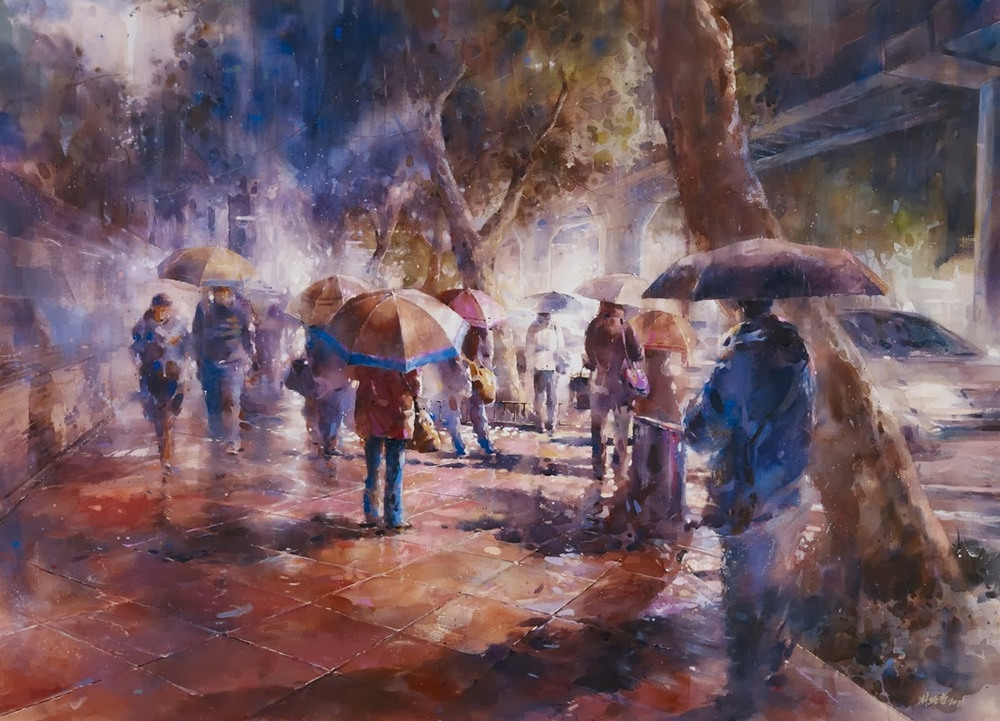 Дождь в большом городе. Акварельные картины Лина Чинг Че 10