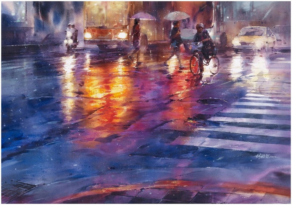 Дождь в большом городе. Акварельные картины Лина Чинг Че 11