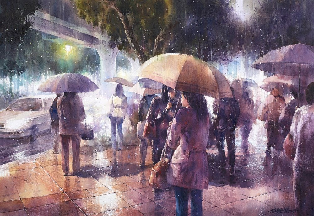Дождь в большом городе. Акварельные картины Лина Чинг Че 12