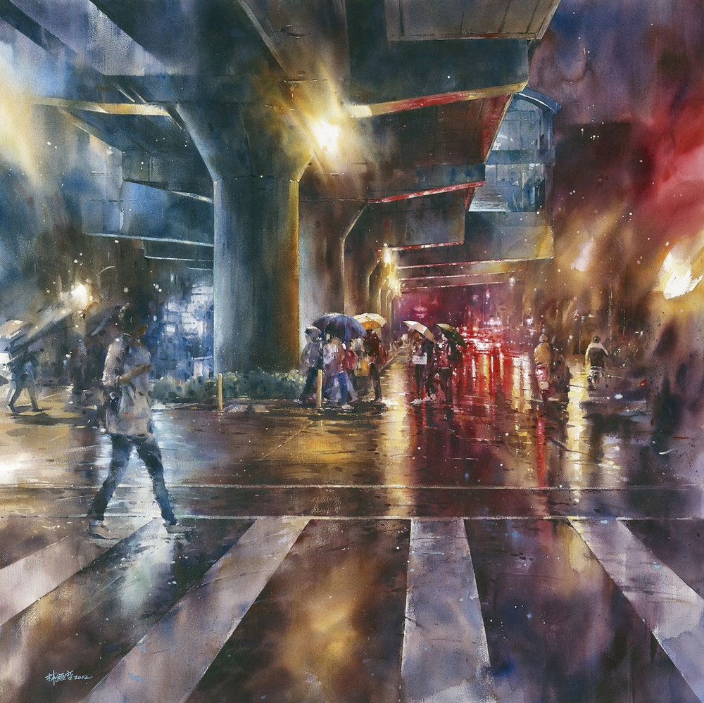 Дождь в большом городе. Акварельные картины Лина Чинг Че 16
