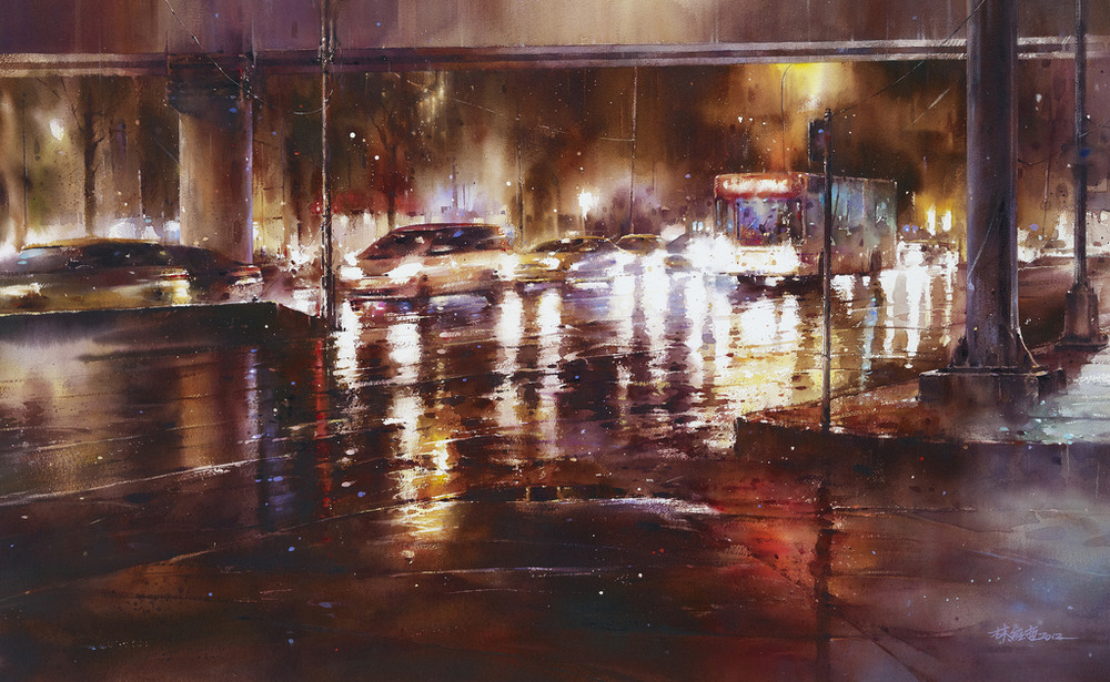 Дождь в большом городе. Акварельные картины Лина Чинг Че 18