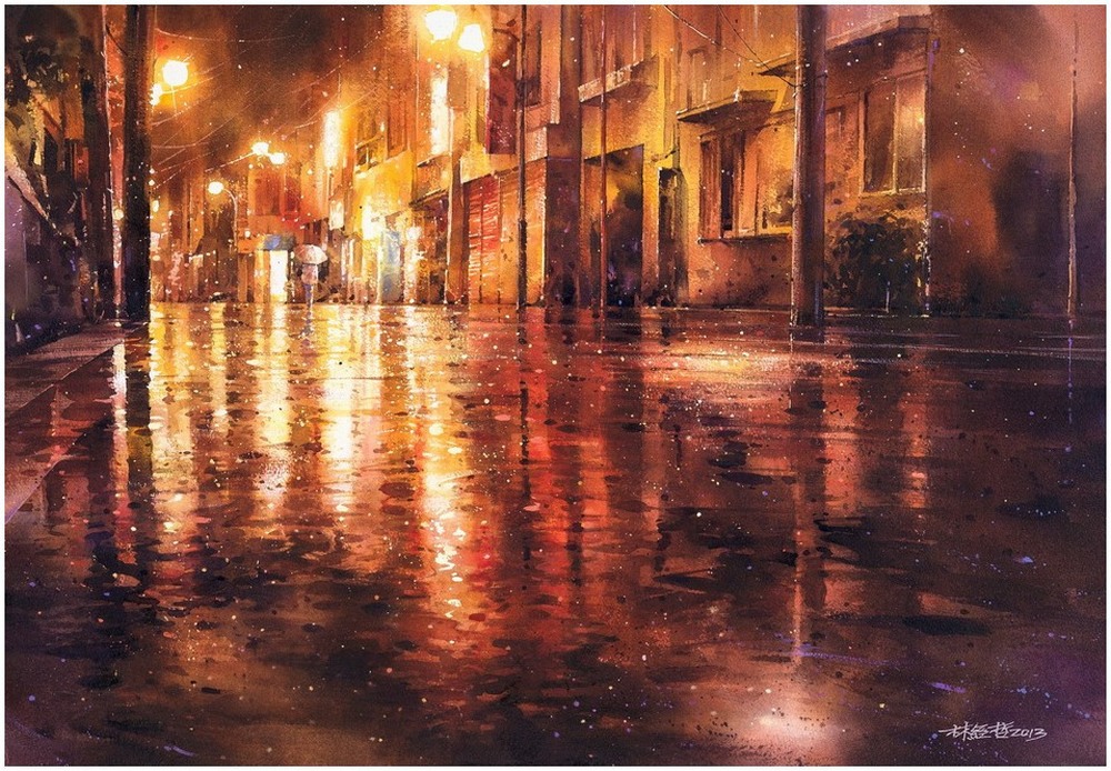 Дождь в большом городе. Акварельные картины Лина Чинг Че 2