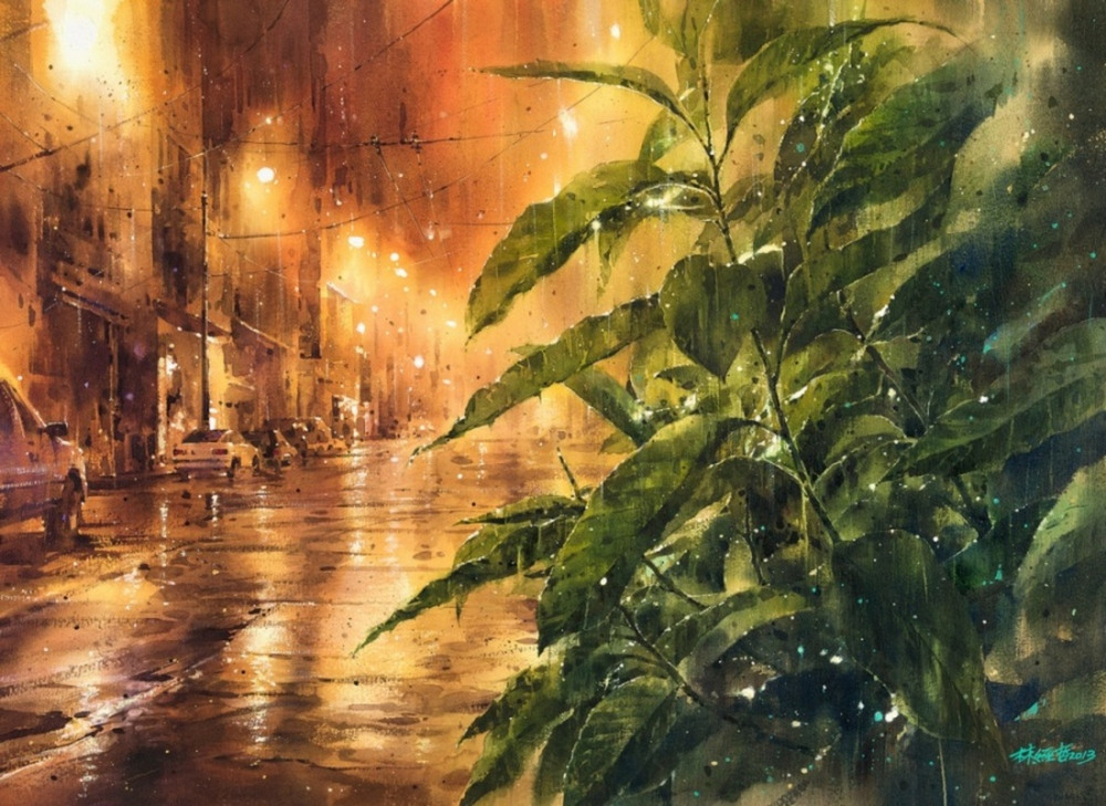 Дождь в большом городе. Акварельные картины Лина Чинг Че 22