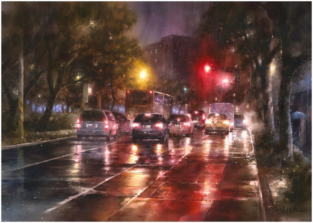 Дождь в большом городе. Акварельные картины Лина Чинг Че 24