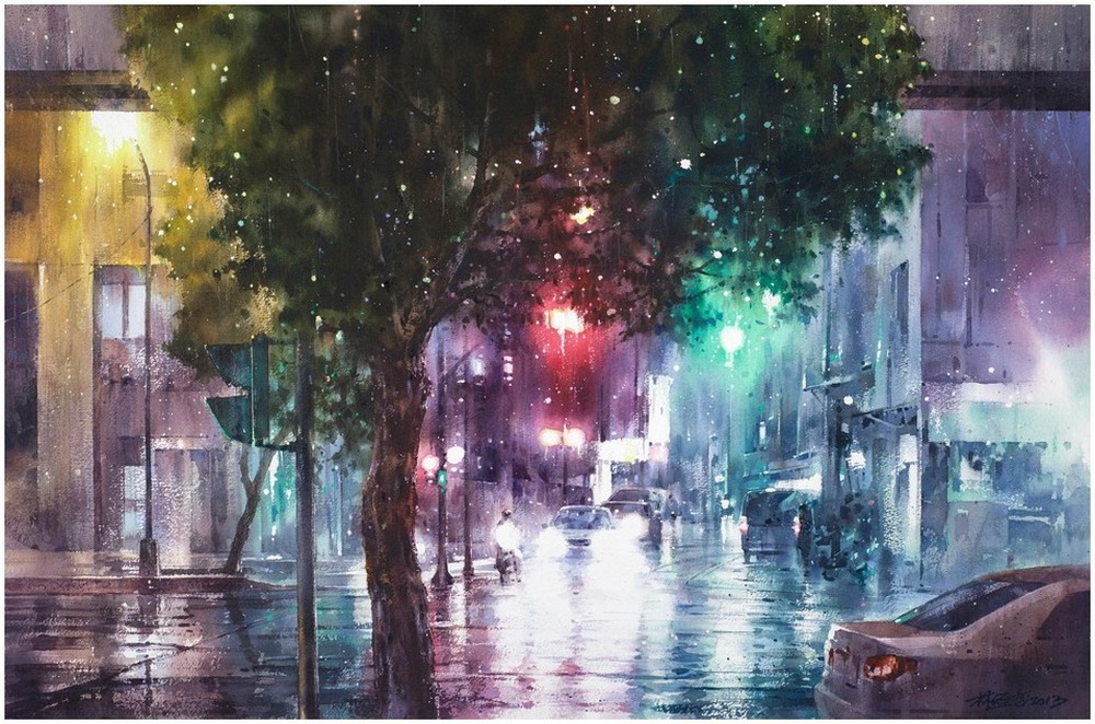 Дождь в большом городе. Акварельные картины Лина Чинг Че 26