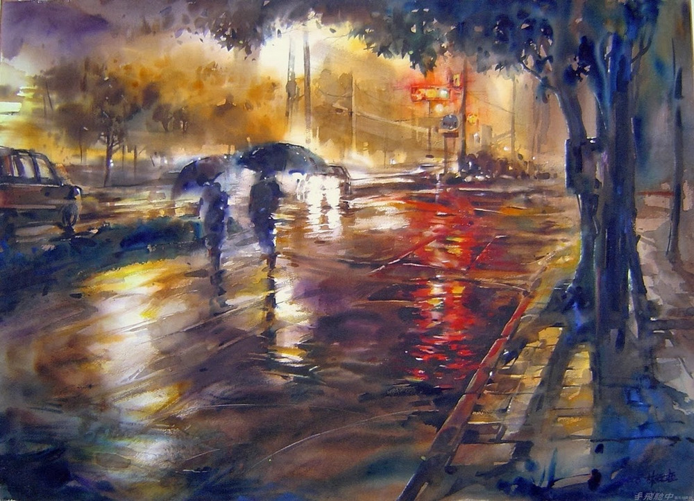 Дождь в большом городе. Акварельные картины Лина Чинг Че 29