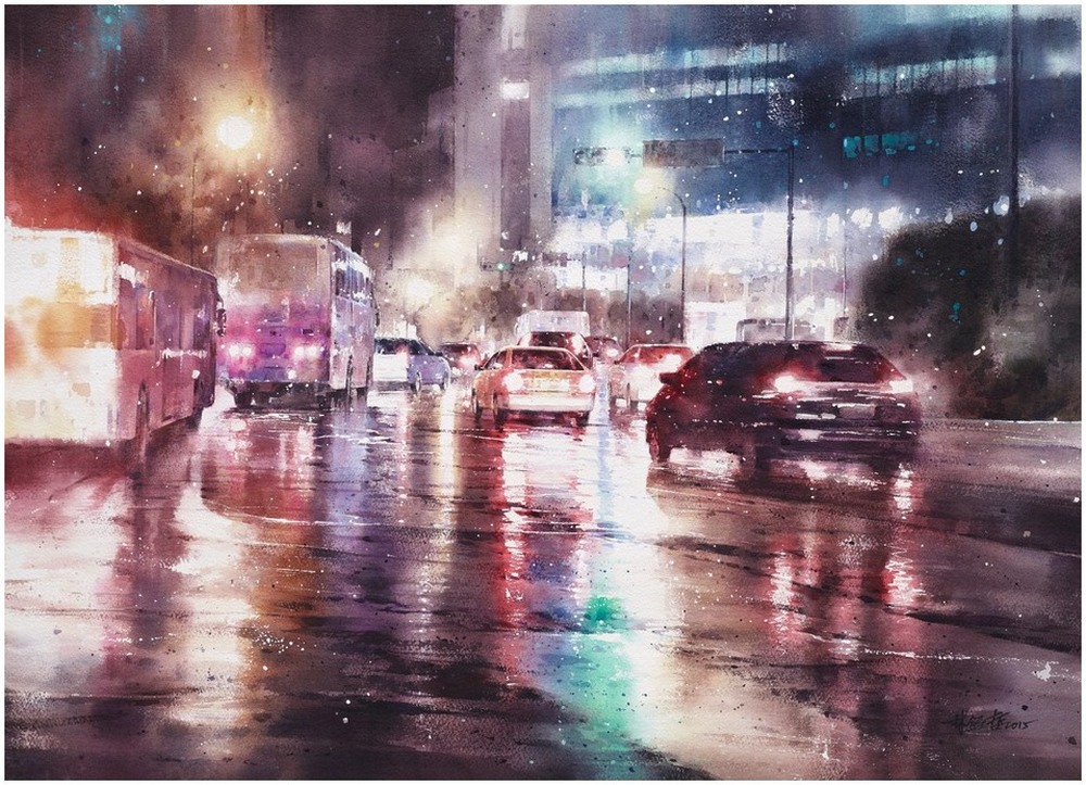 Дождь в большом городе. Акварельные картины Лина Чинг Че 3