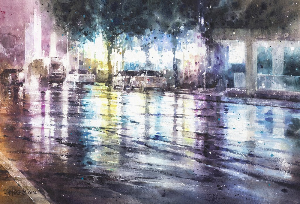 Дождь в большом городе. Акварельные картины Лина Чинг Че 30