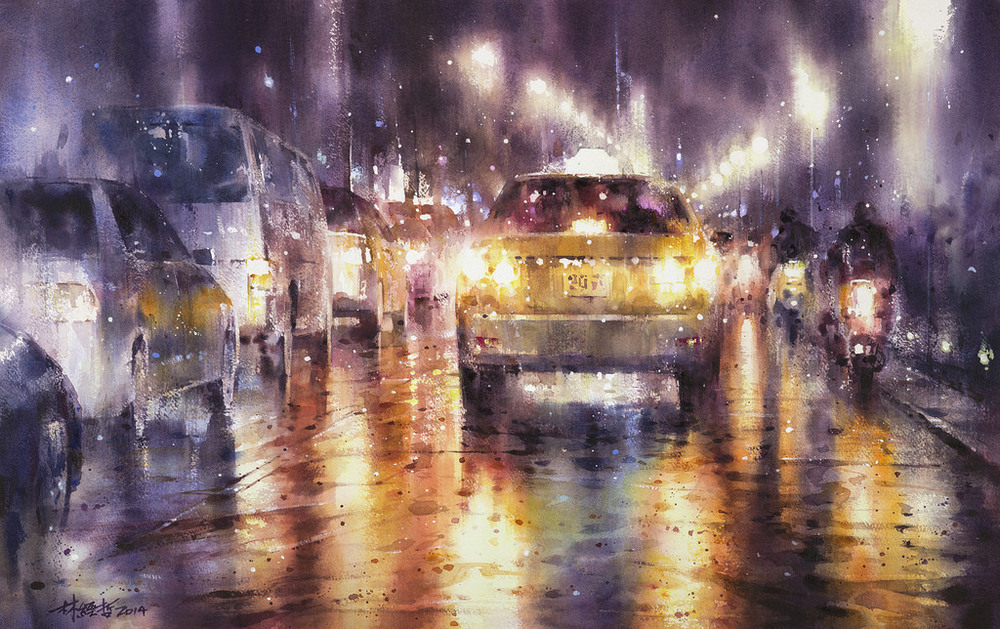 Дождь в большом городе. Акварельные картины Лина Чинг Че 31
