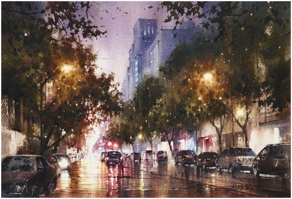 Дождь в большом городе. Акварельные картины Лина Чинг Че 5