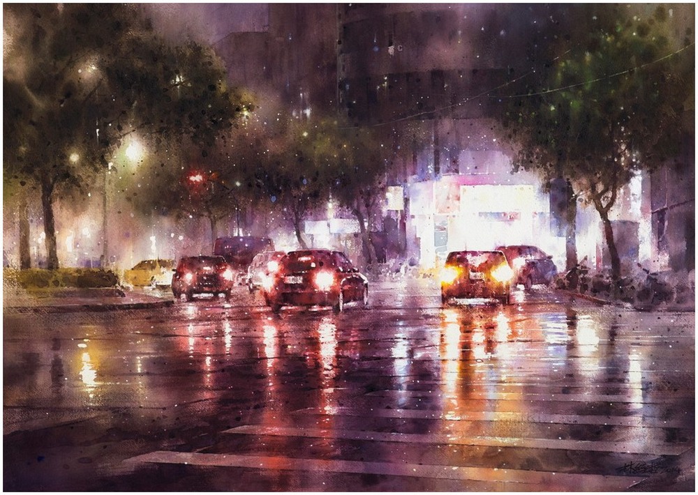 Дождь в большом городе. Акварельные картины Лина Чинг Че 6