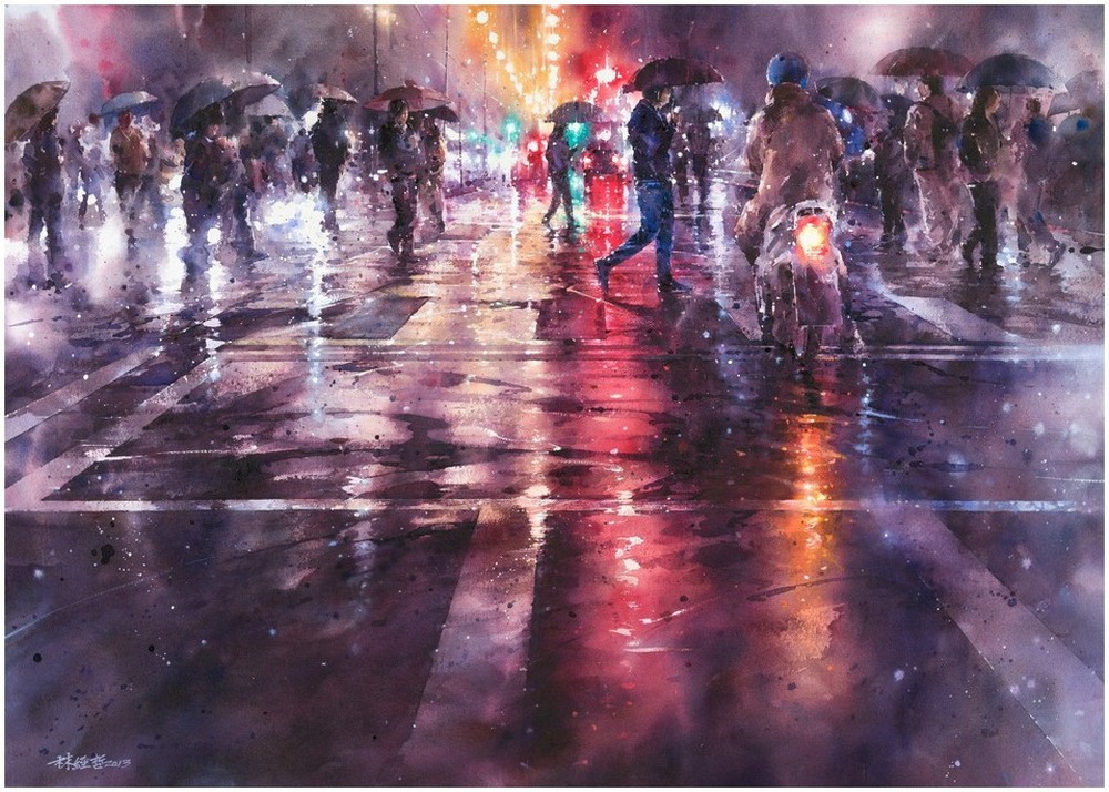 Дождь в большом городе. Акварельные картины Лина Чинг Че 7