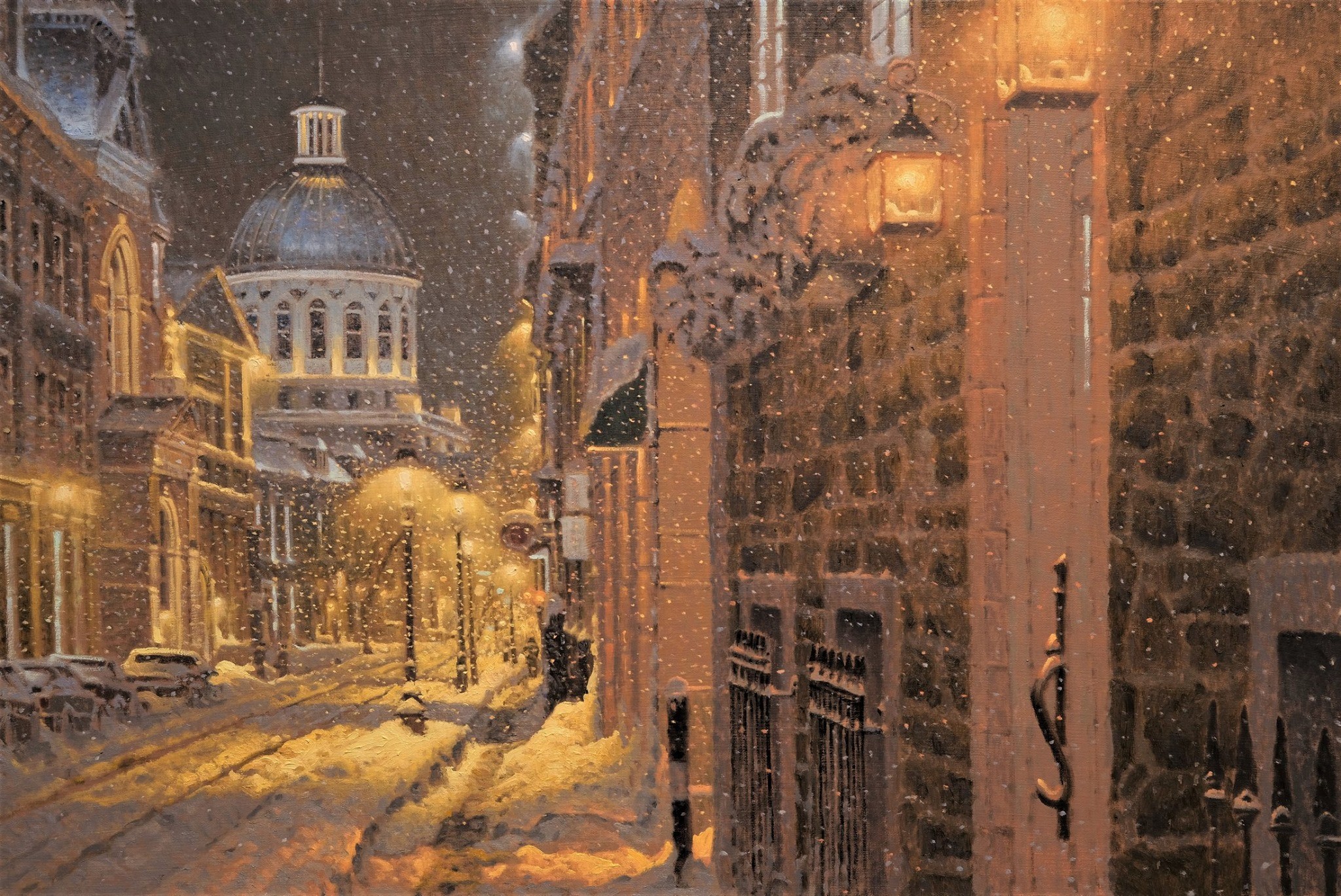 Снежная ночь на улице Сен-Поль в Старом Монреале. Автор Ришар Савуа