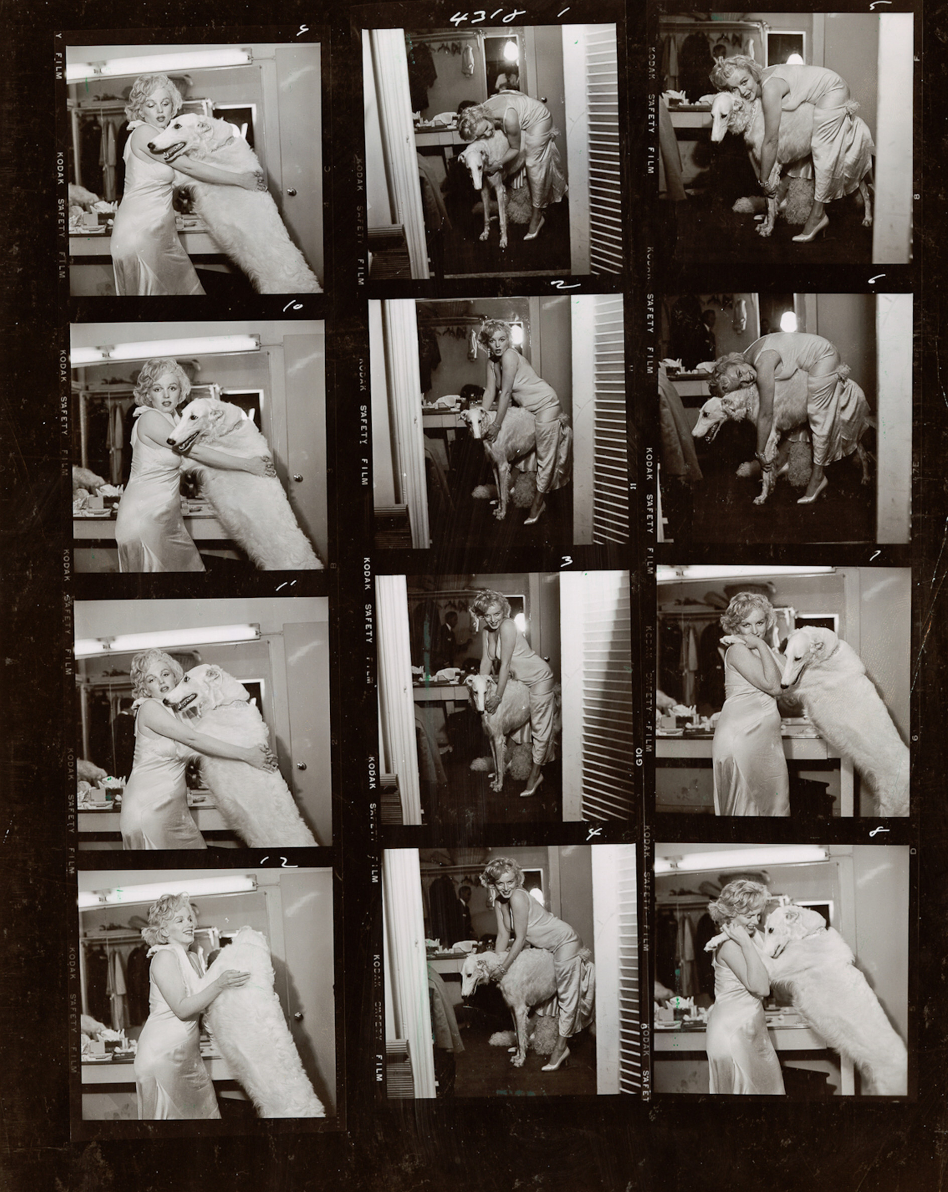 Контактный лист Мэрилин Монро, позирующей с собакой, 1958 г. Фотограф Ричард Аведон