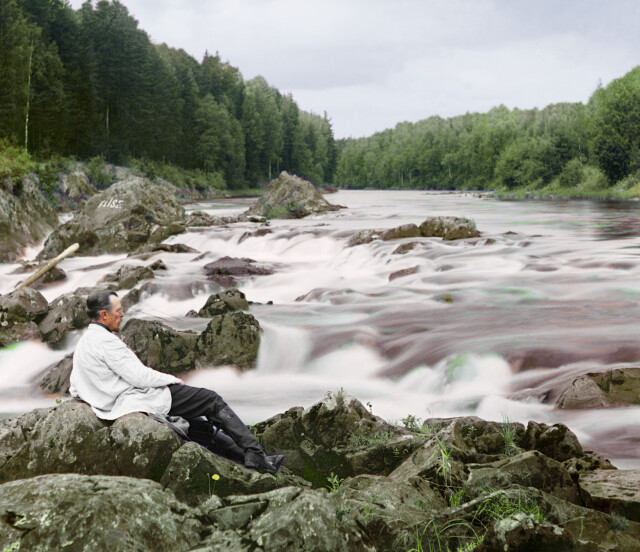 Учеба у водопада Кивач. Река Суна, 1915, фотограф Сергей Прокудин-Горский