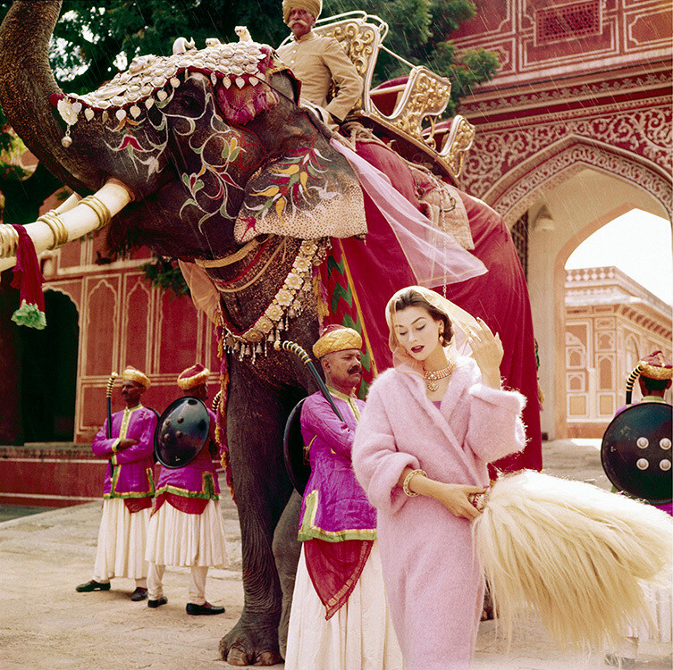 Энн Ганнинг в розовом мохеровом пальто от Jaeger возле Городского дворца в Джайпуре, Индия. Vogue, ноябрь 1956 года. Фотограф Норман Паркинсон