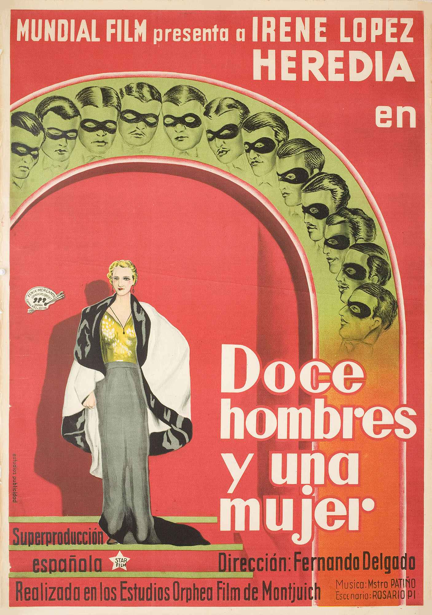 Двенадцать мужчин и одна женщина (Doce hombres y una mujer, 1934), режиссёр Фернандо Дельгадо, постер к фильму в стиле ар-деко (Испания, 1934 год)