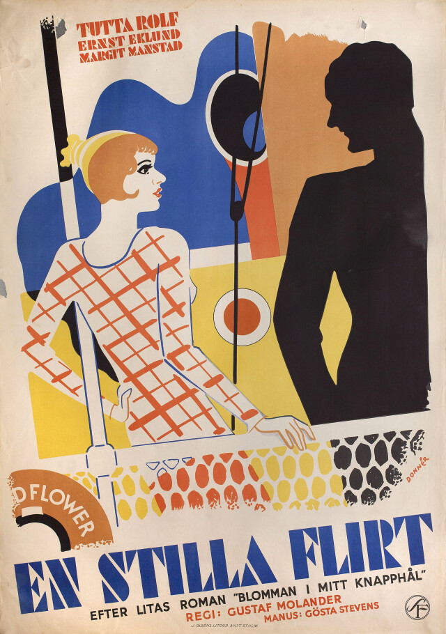 Маленький флирт (En stilla flirt, 1934), режиссёр Густав Моландер, постер к фильму в стиле ар-деко (Швеция, 1934 год), автор Ивар Доннер