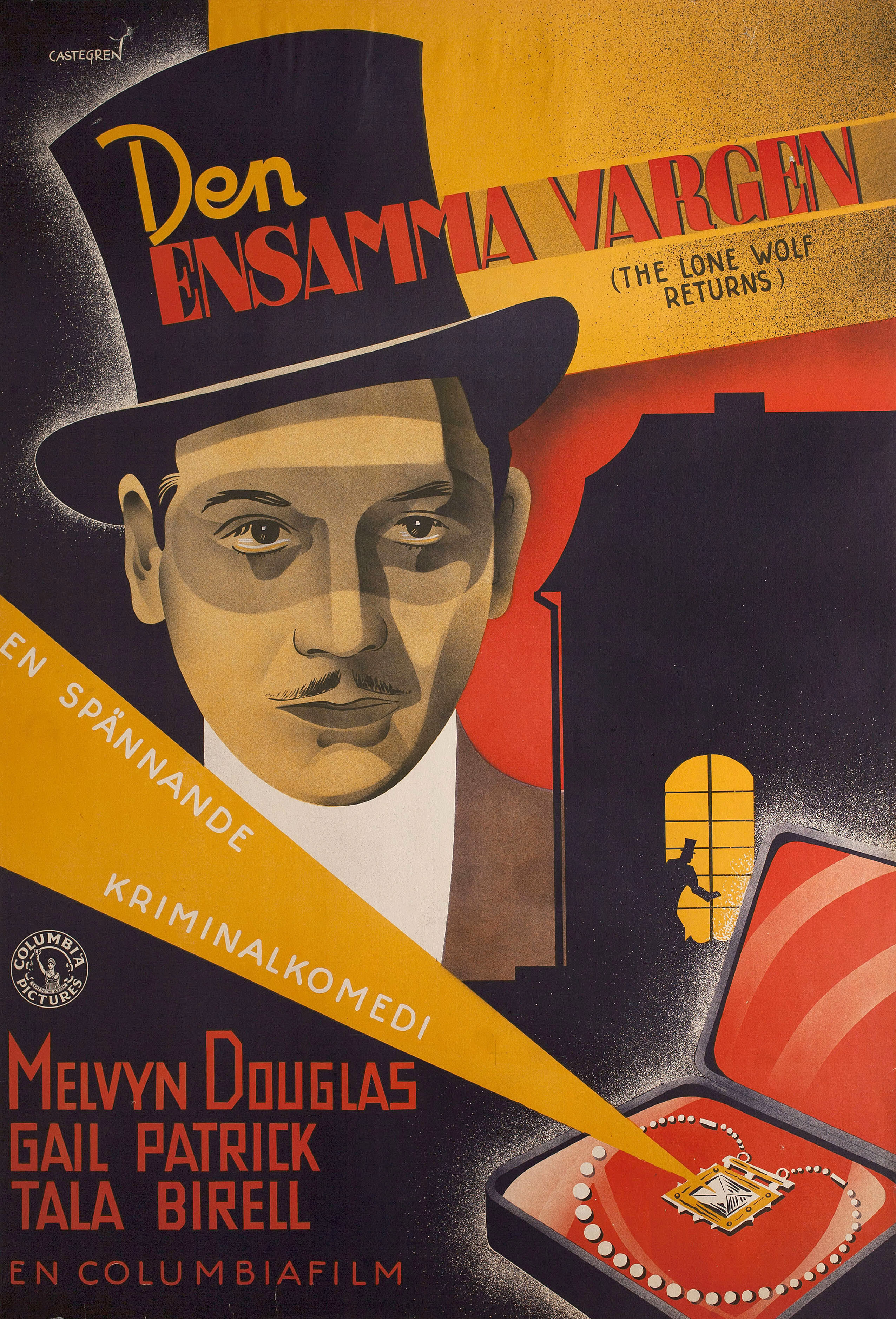 Возвращение одинокого волка (The Lone Wolf Returns, 1935), режиссёр Рой Уильям Нил, постер к фильму в стиле ар-деко (Швеция, 1936 год), автор Кастег