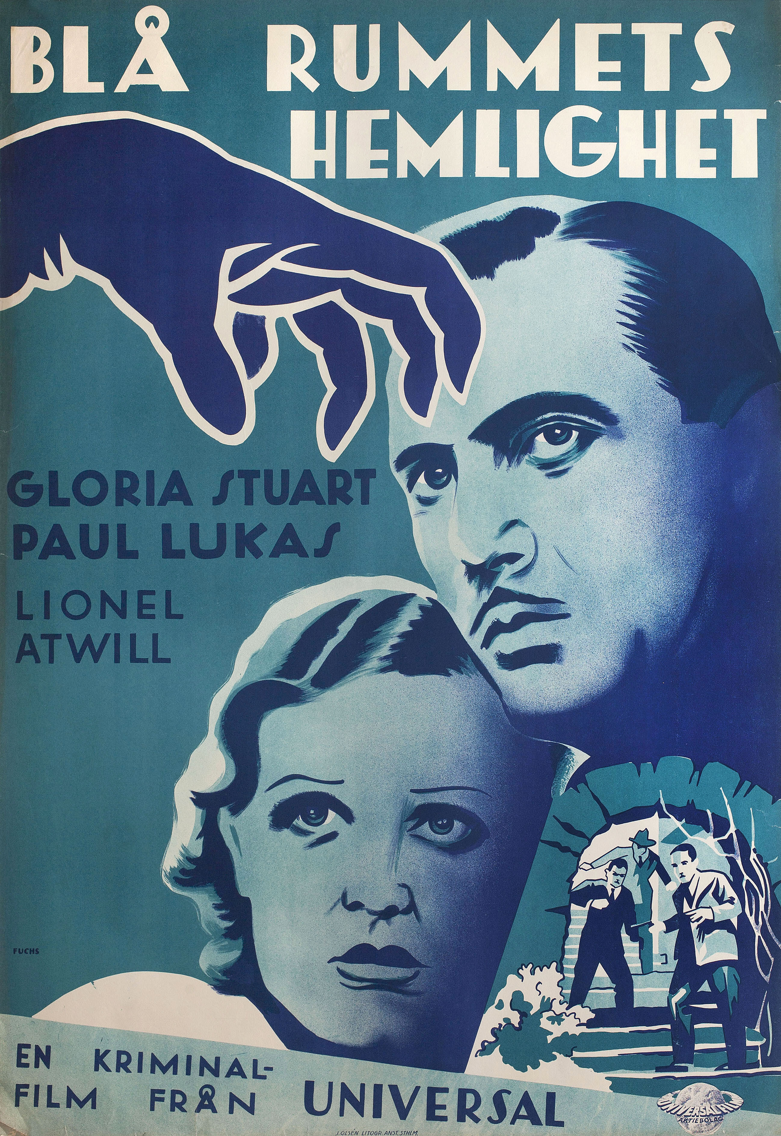 Тайна Голубой комнаты (Secret of the Blue Room, 1933), режиссёр Курт Нойманн, постер к фильму в стиле ар-деко (Швеция, 1933 год), автор Уолтер Фукс