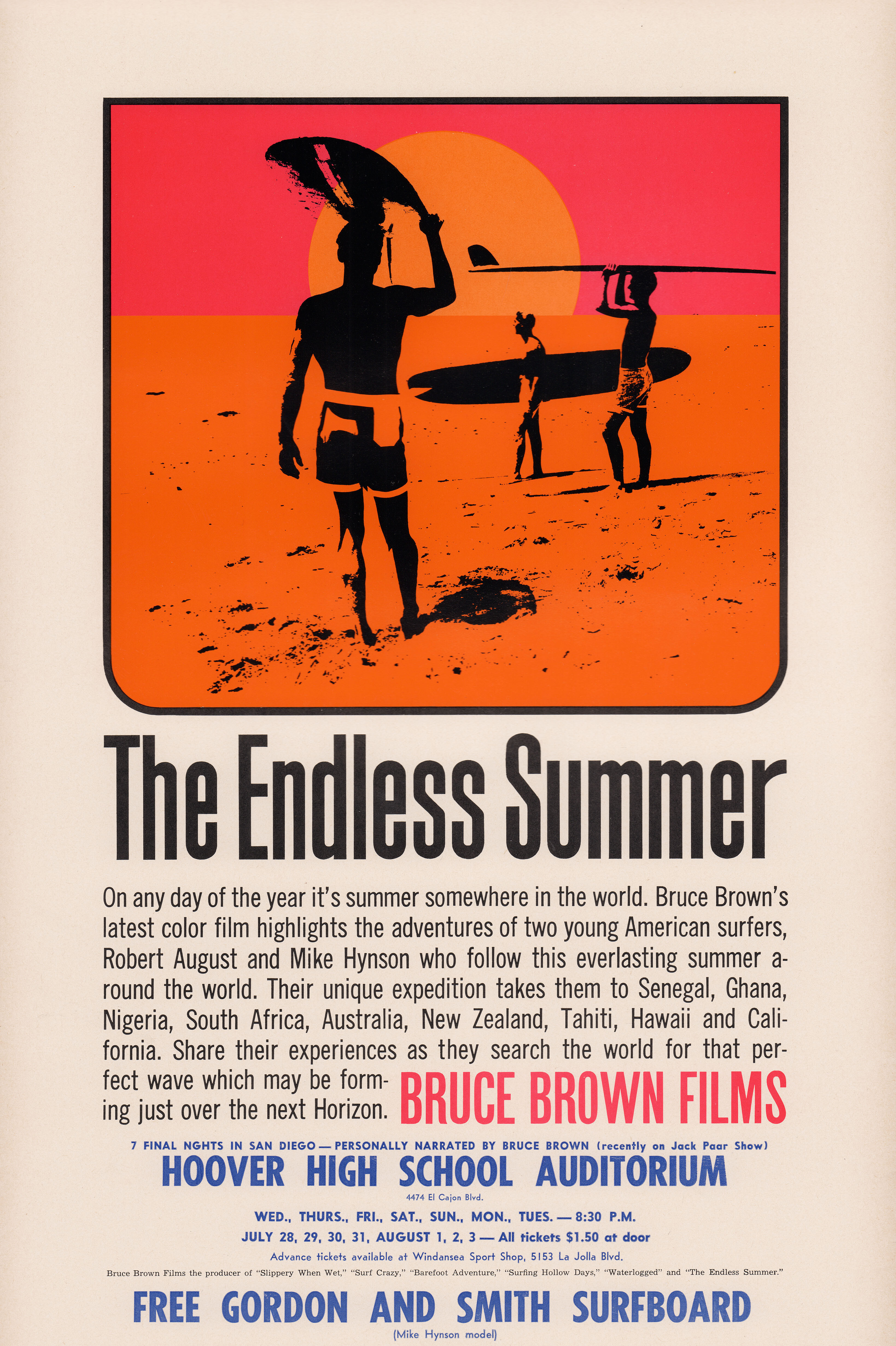 Бесконечное лето (The Endless Summer, 1966), режиссёр Брюс Браун, американский постер к фильму, художник Джон Ван Хамерсвелд (психоделическое искусство, 1966 год)