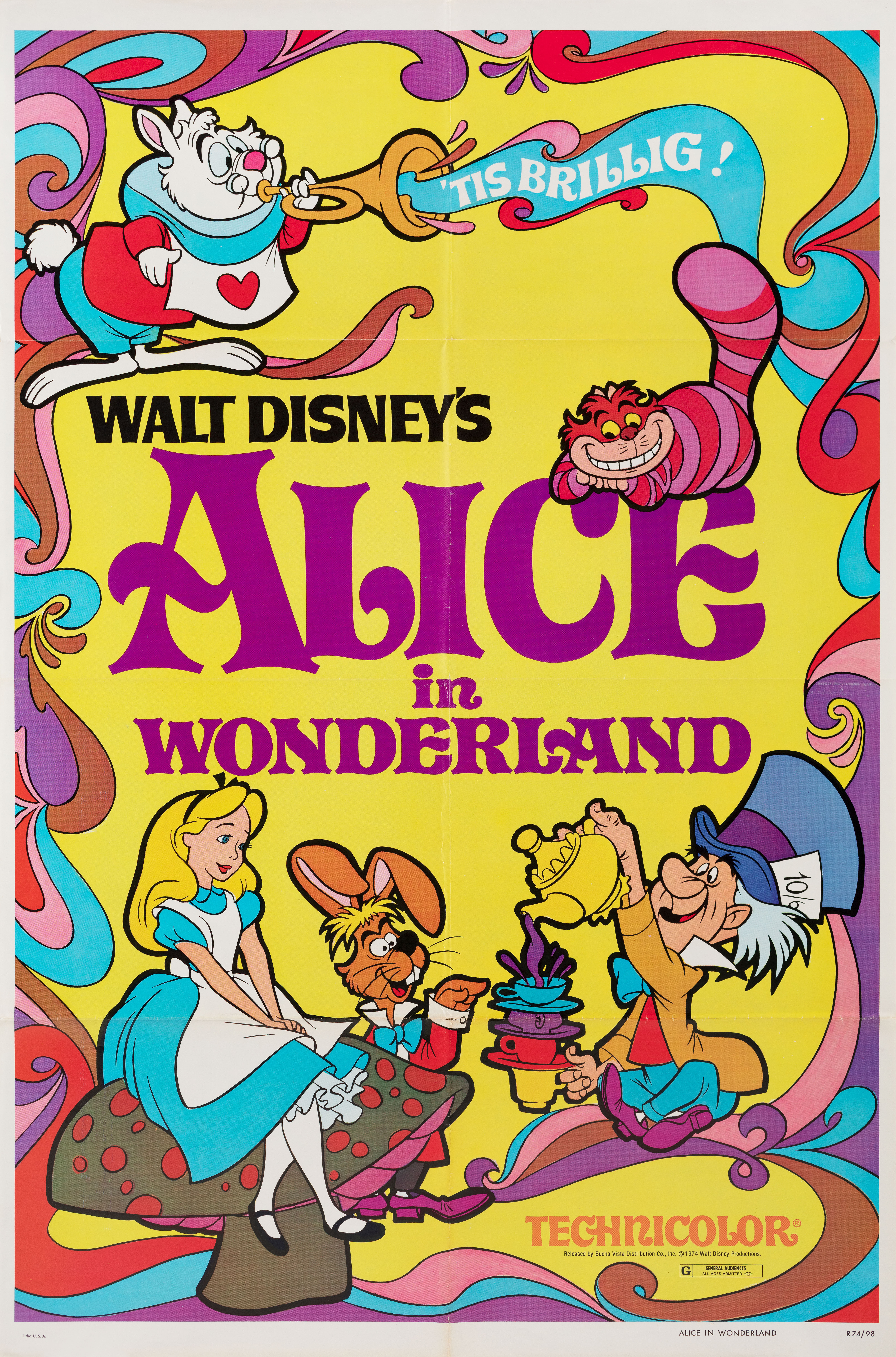 Алиса в стране чудес (Alice in Wonderland, 1951), режиссёр Клайд Джероними, американский постер к фильму (психоделическое искусство, 1981 год)