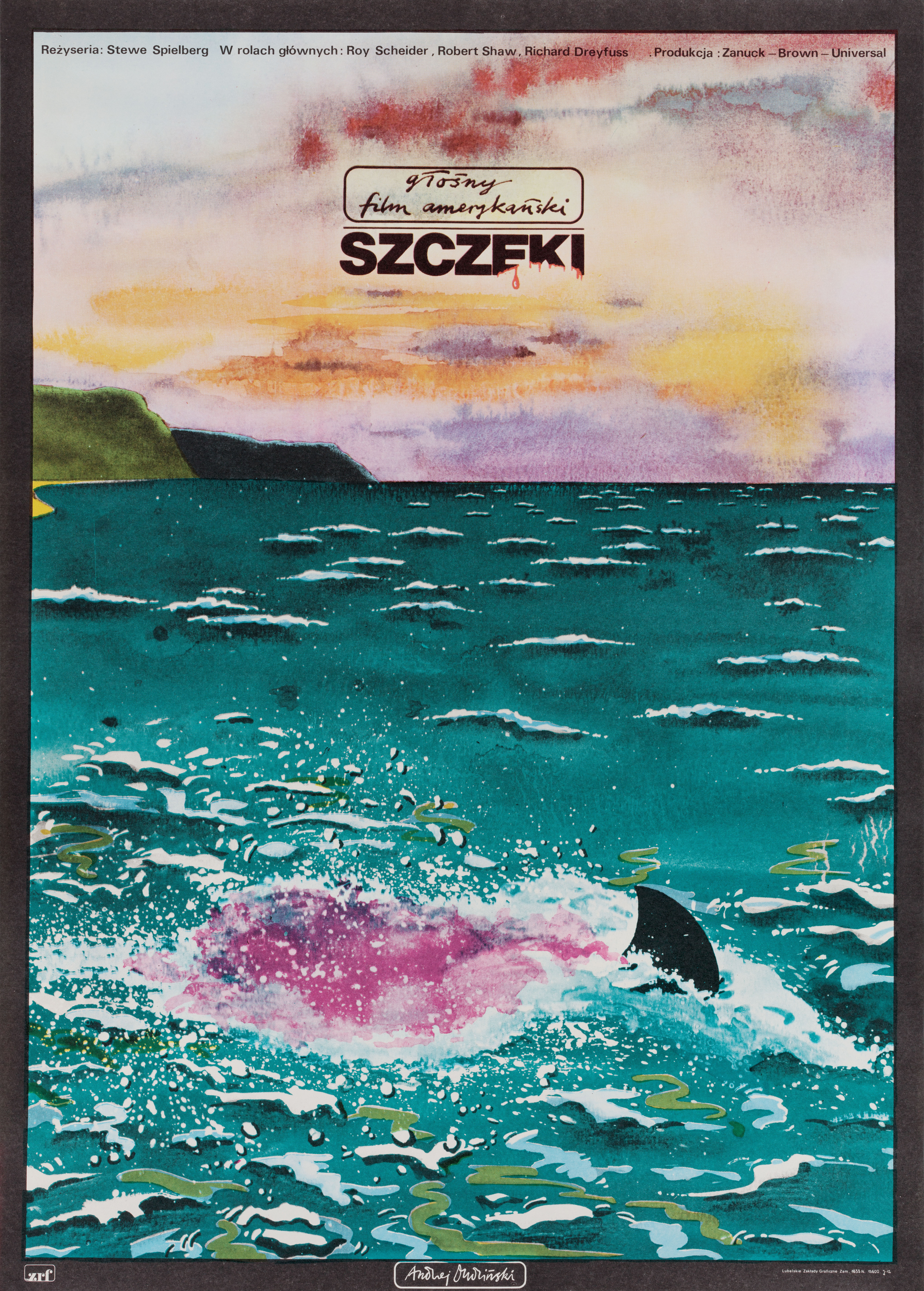 Челюсти (Jaws, 1975), режиссёр Стивен Спилберг, художественный постер к фильму (Польша, 1976 год), автор Анджей Дудзинский