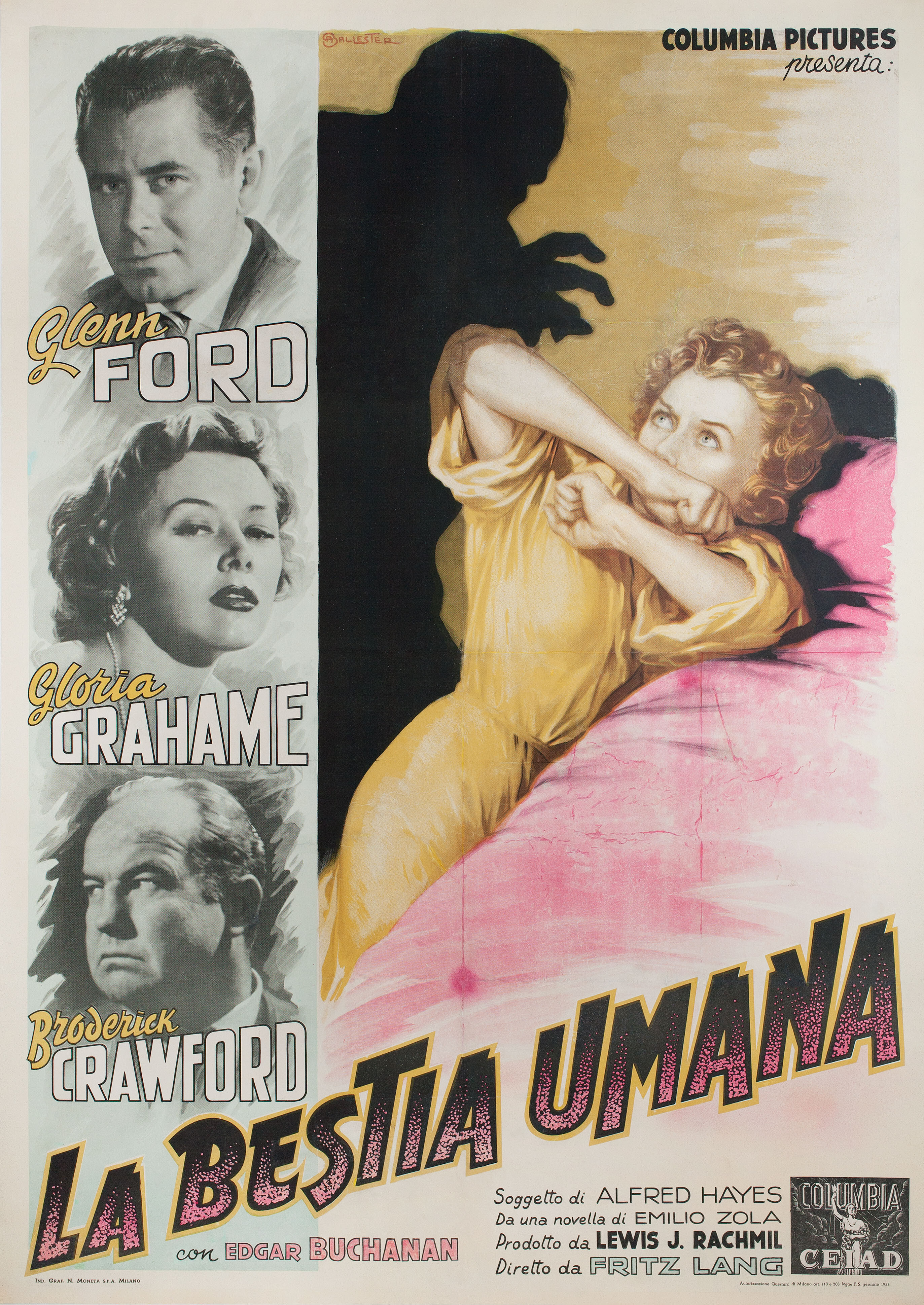 Человеческое желание (Human Desire, 1954), режиссёр Фриц Ланг, художественный постер к фильму (Италия, 1954 год), автор Ансельмо Баллестер