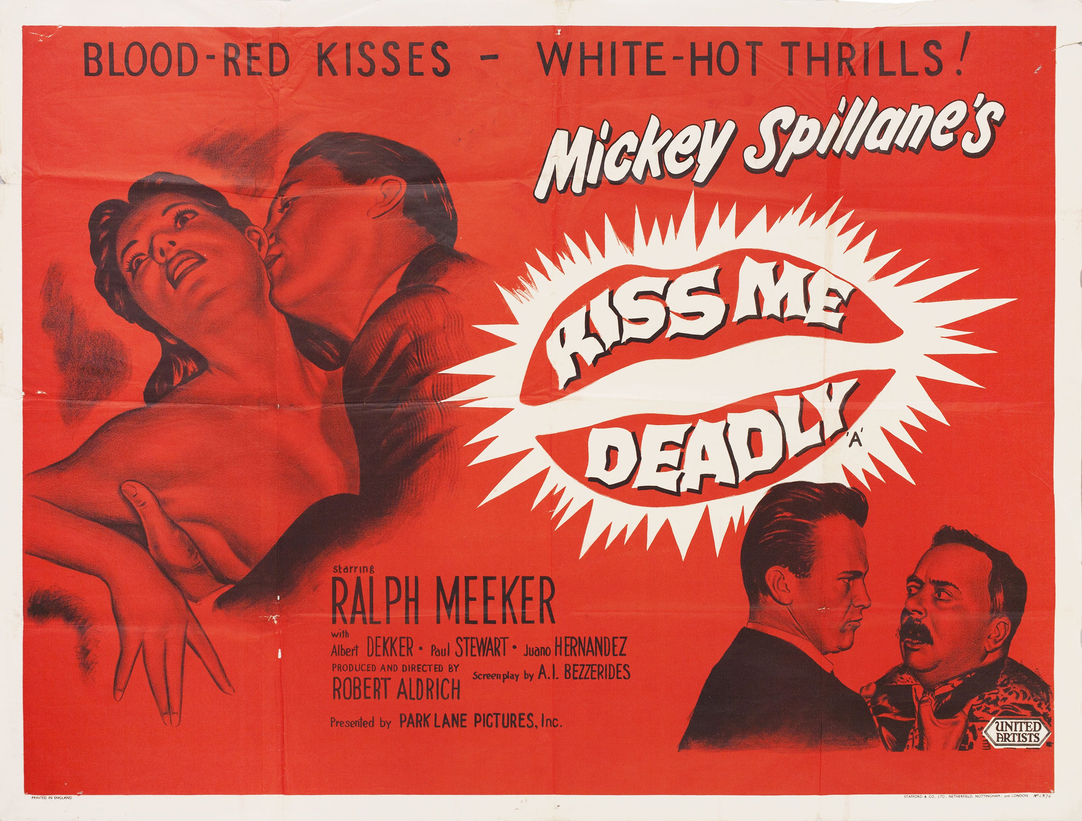 Целуй меня насмерть (Kiss Me Deadly, 1955), режиссёр Роберт Олдрич, иллюстрированный постер к фильму (Британия, 1955 год)