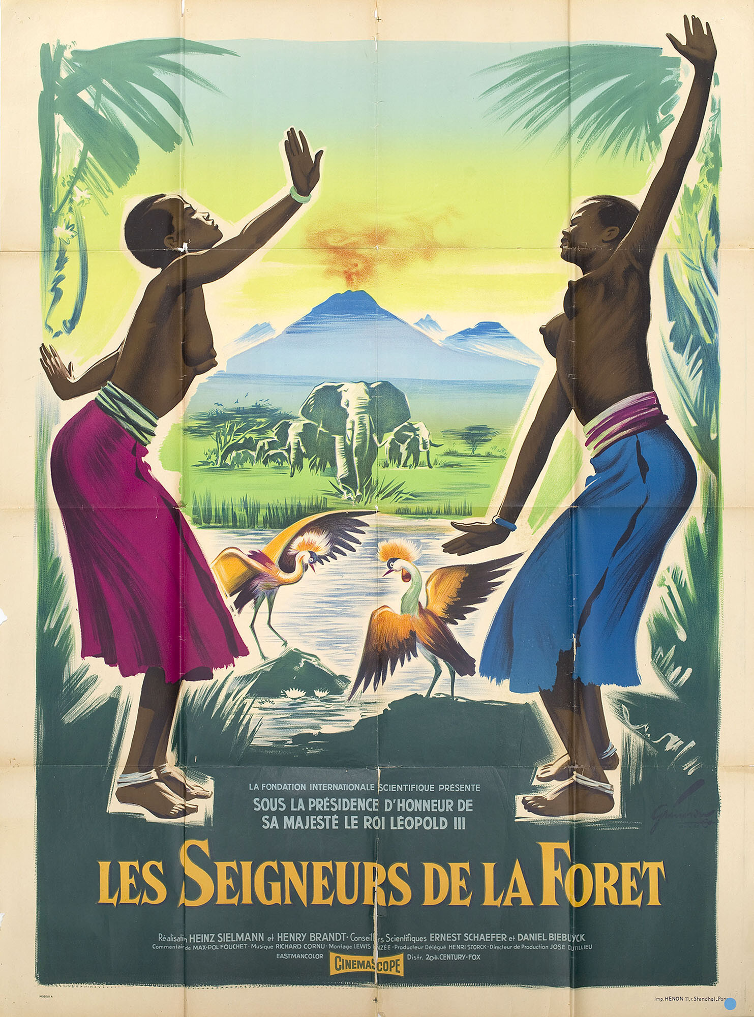 Саванна и джунгли (Masters of the Congo Jungle, 1958), режиссёр Генри Брандт, художественный постер к фильму (Франция, 1958 год), автор Борис Гринссон