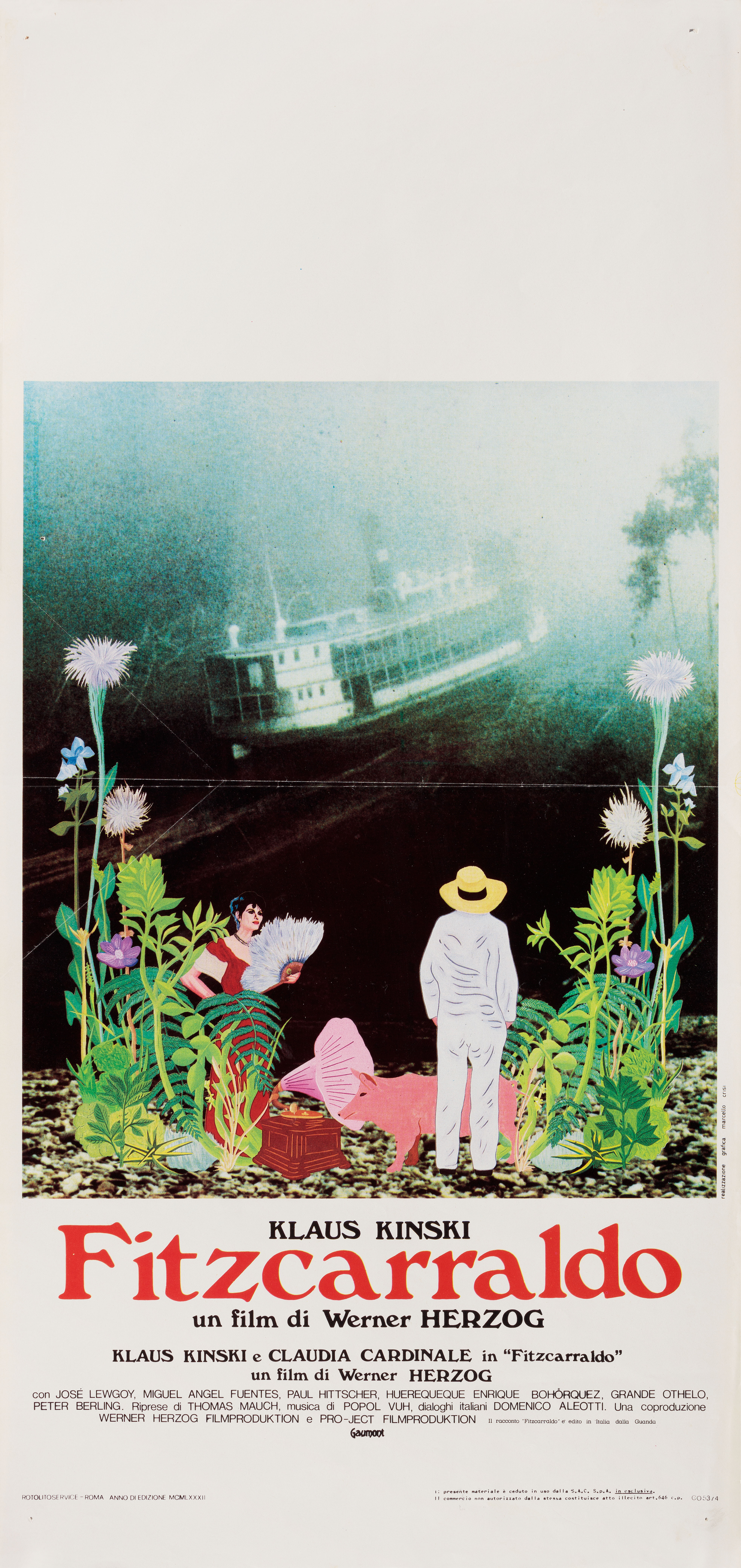 Фицкарральдо (Fitzcarraldo, 1982), режиссёр Вернер Херцог, иллюстрированный постер к фильму (Италия, 1982 год), автор Марчелло Кризи