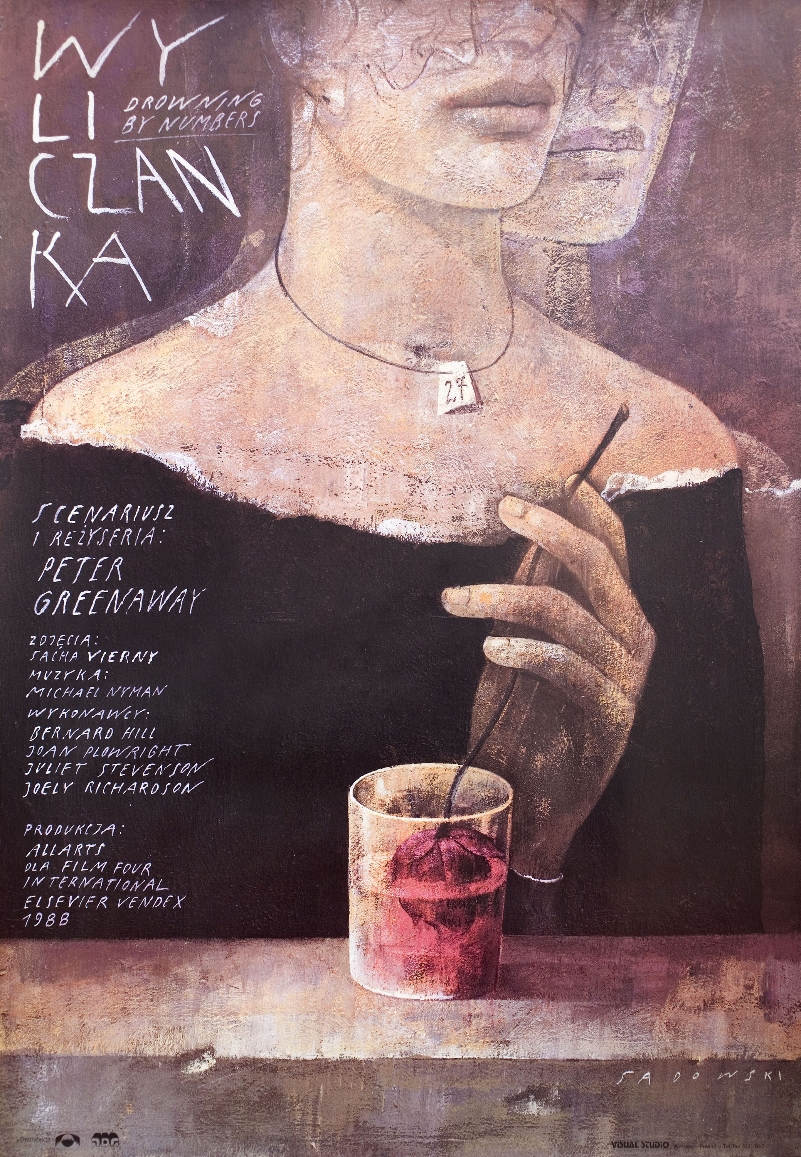 Утопая в числах (Drowning by Numbers, 1988), режиссёр Питер Гринуэй, художественный постер к фильму (Польша, 1988 год), автор Виктор Садовский