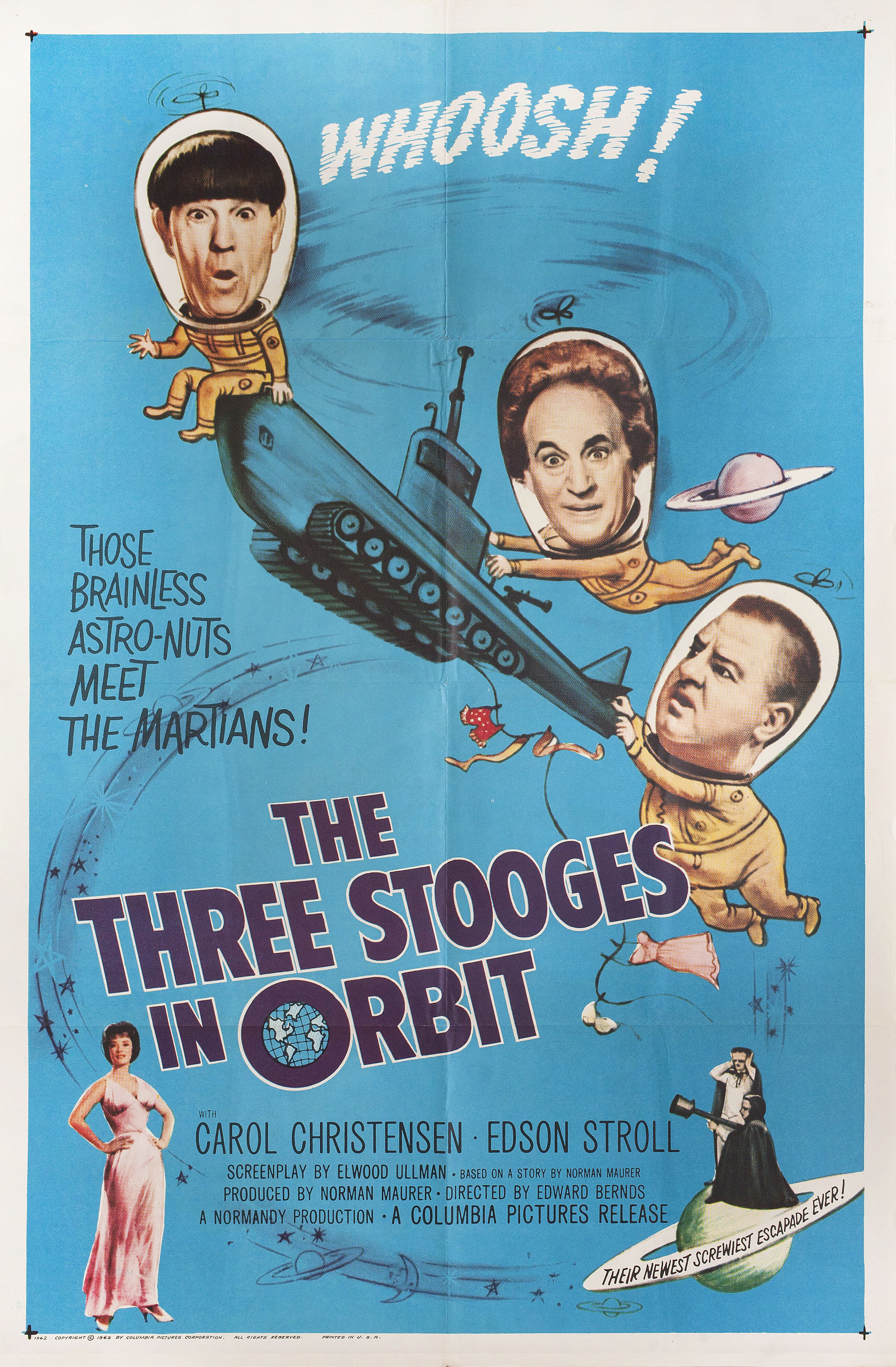 Три балбеса на орбите (The Three Stooges in Orbit, 1962), режиссёр Эдвард Берндс, иллюстрированный постер к фильму (США, 1962 год)
