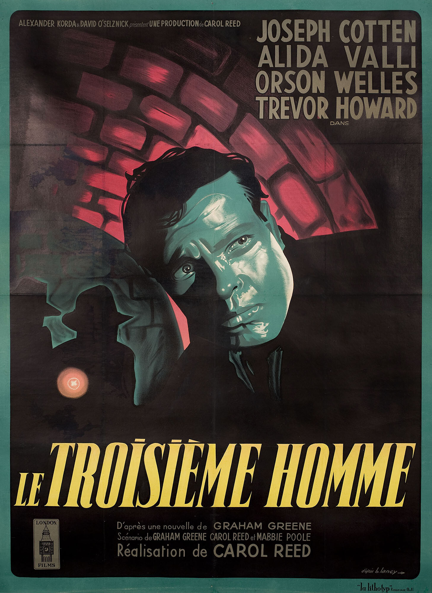 Третий человек (The Third Man, 1949), режиссёр Кэрол Рид, художественный постер к фильму (Франция, 1950 год), автор Бернард Лэнси