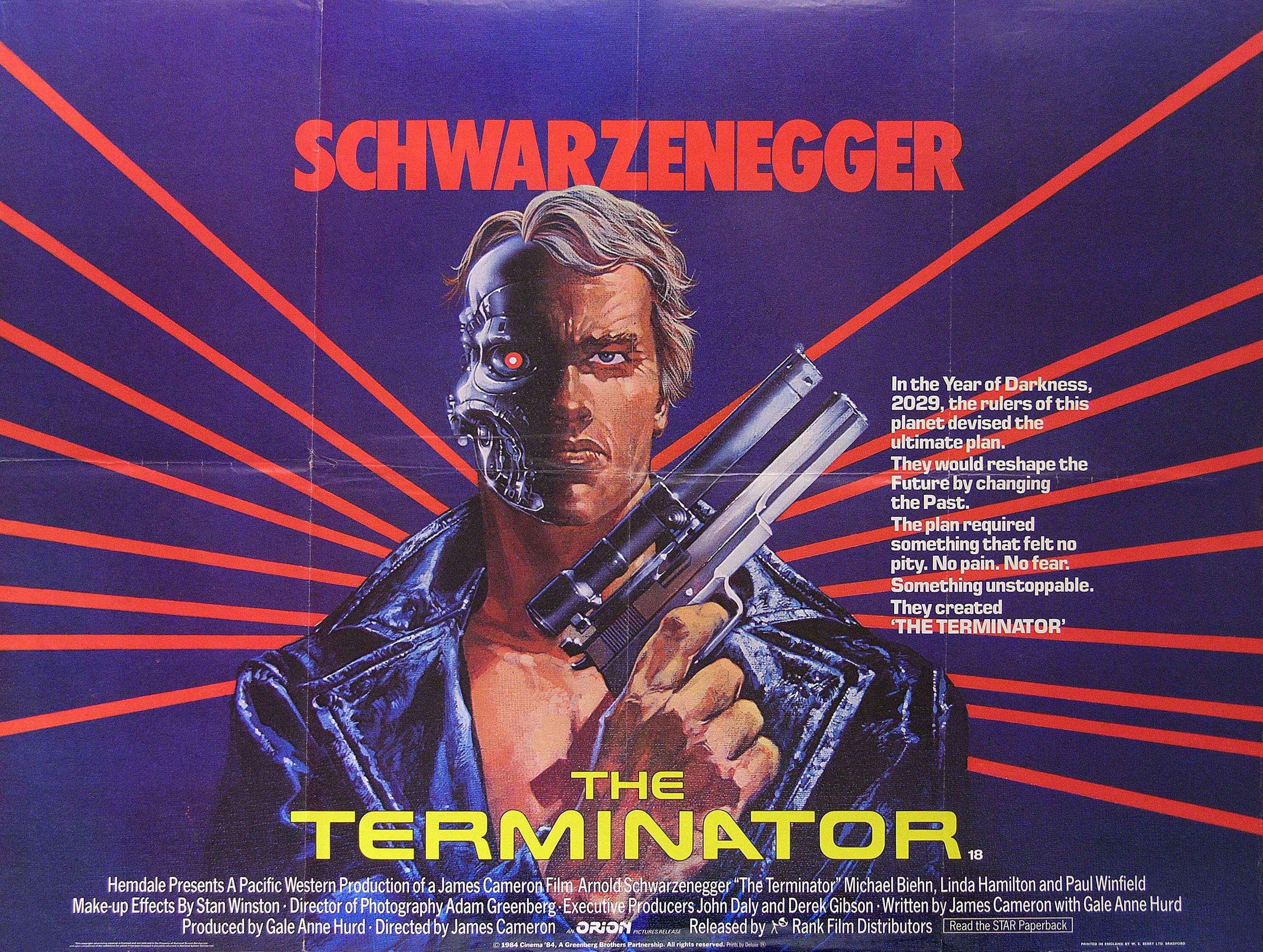 Терминатор (The Terminator, 1984), режиссёр Джеймс Кэмерон, художественный постер к фильму (Британия, 1984 год)
