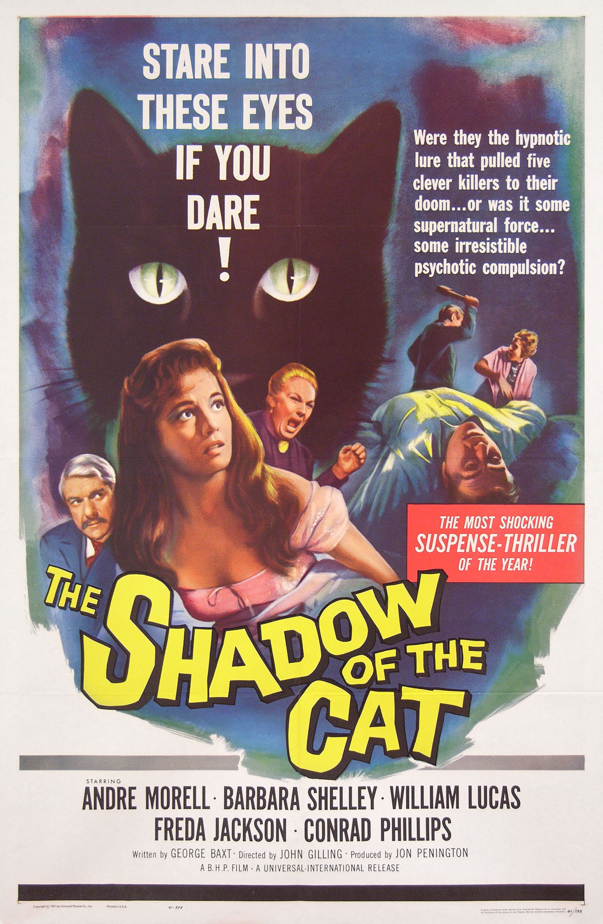 Призрак кота (The Shadow of the Cat, 1961), режиссёр Джон Гиллинг, художественный постер к фильму (США, 1961 год)