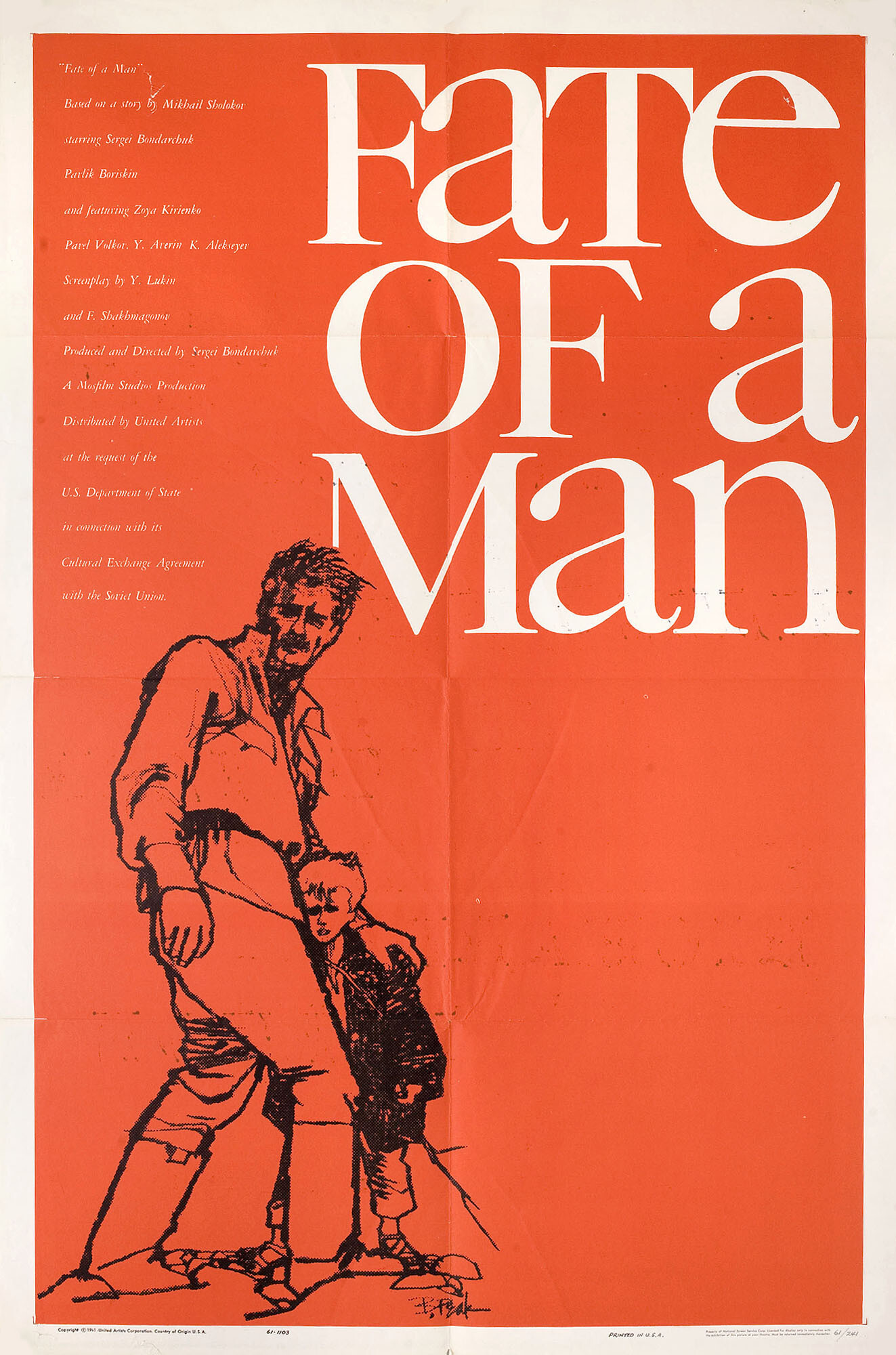 Судьба человека (Fate of a Man, 1959), режиссёр Сергей Бондарчук, иллюстрированный постер к фильму (США, 1959 год), автор Боб Пик