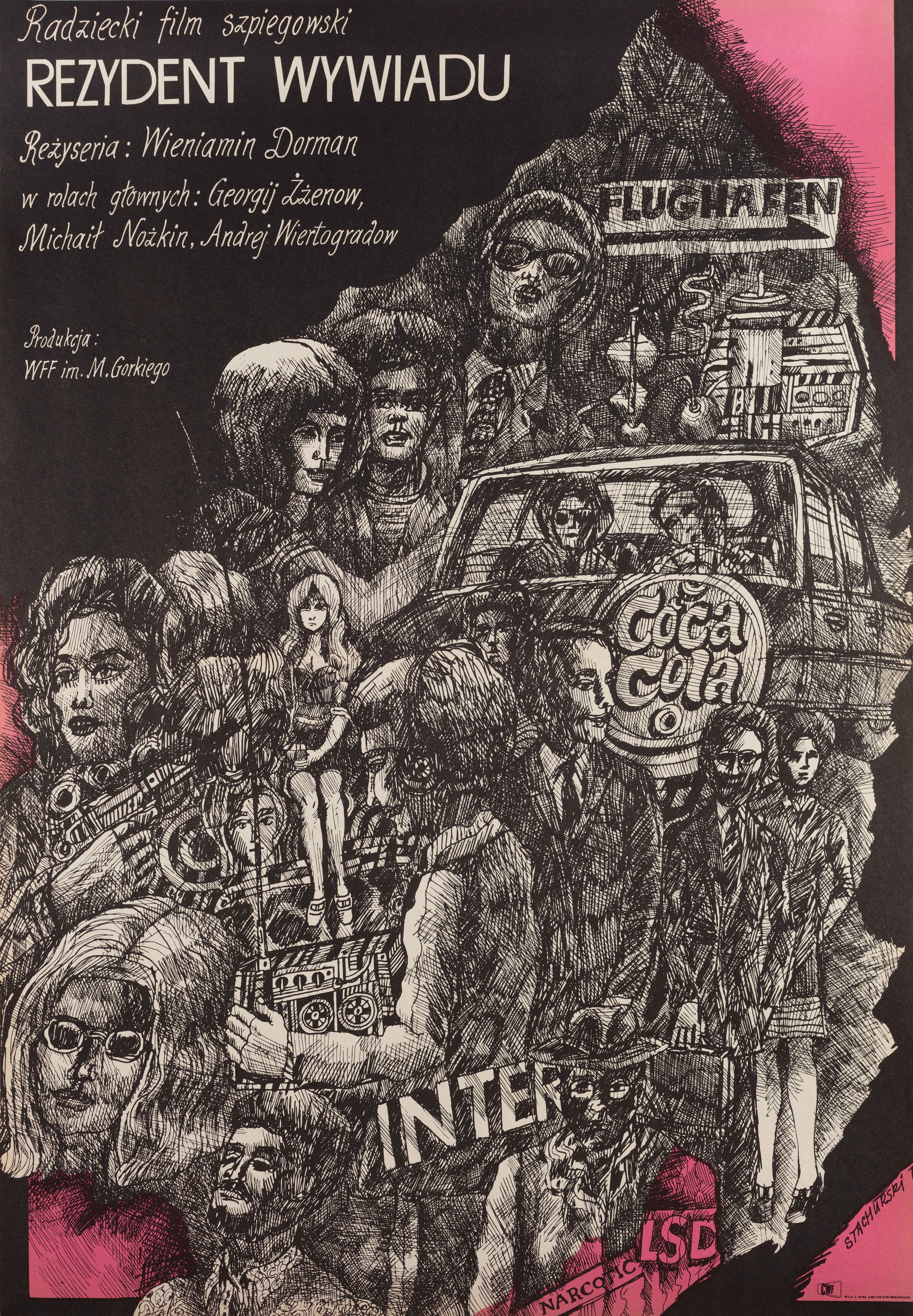 Судба резидента (Sudba rezidenta, 1970), режиссёр Вениамин Дорман, иллюстрированный постер к фильму (Польша, 1971 год), автор Мариан Стачурски