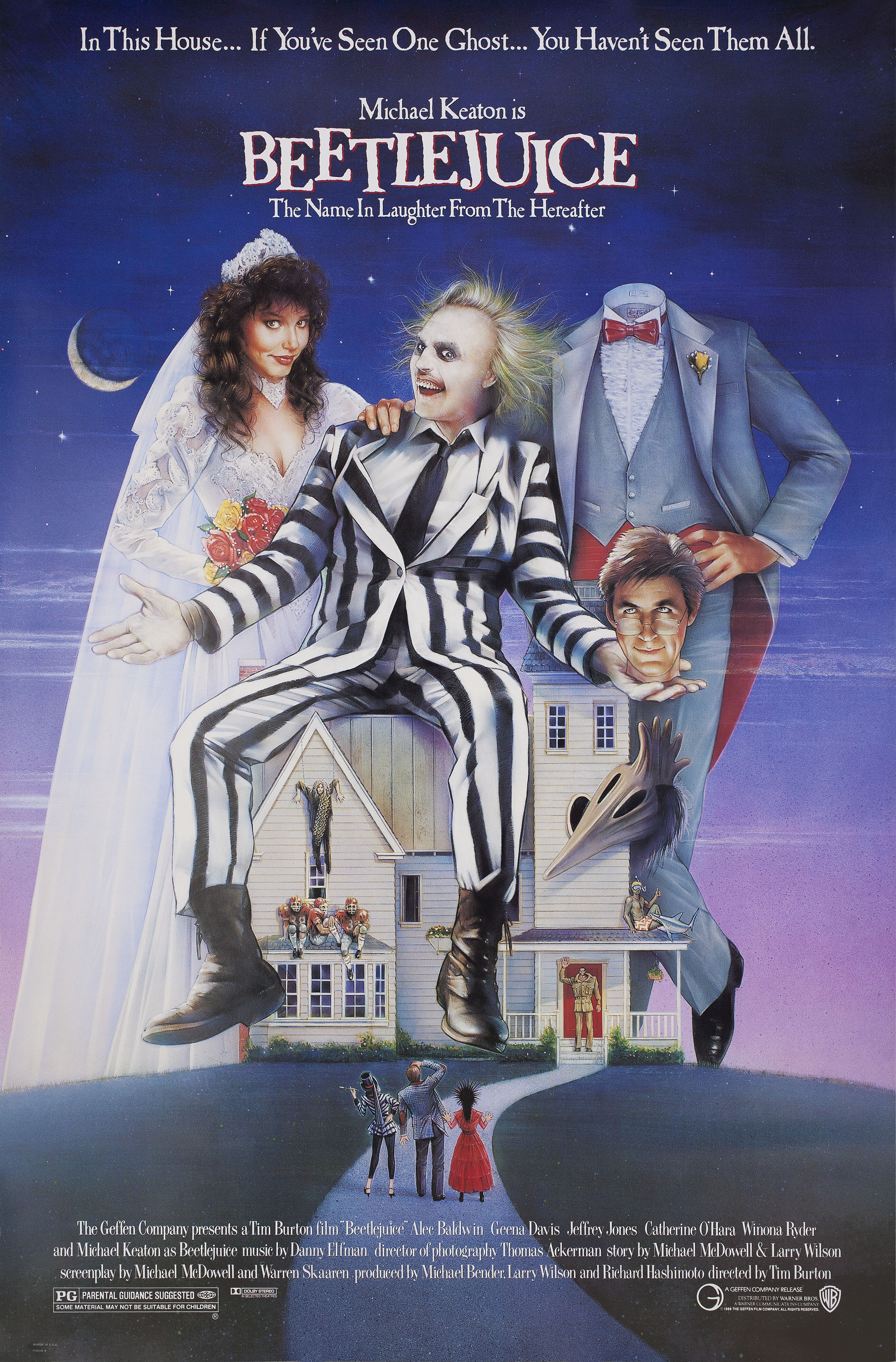 Битлджус (Beetlejuice, 1988), режиссёр Тим Бертон, иллюстрированный постер к фильму (США, 1988 год), автор Карл Рэмси