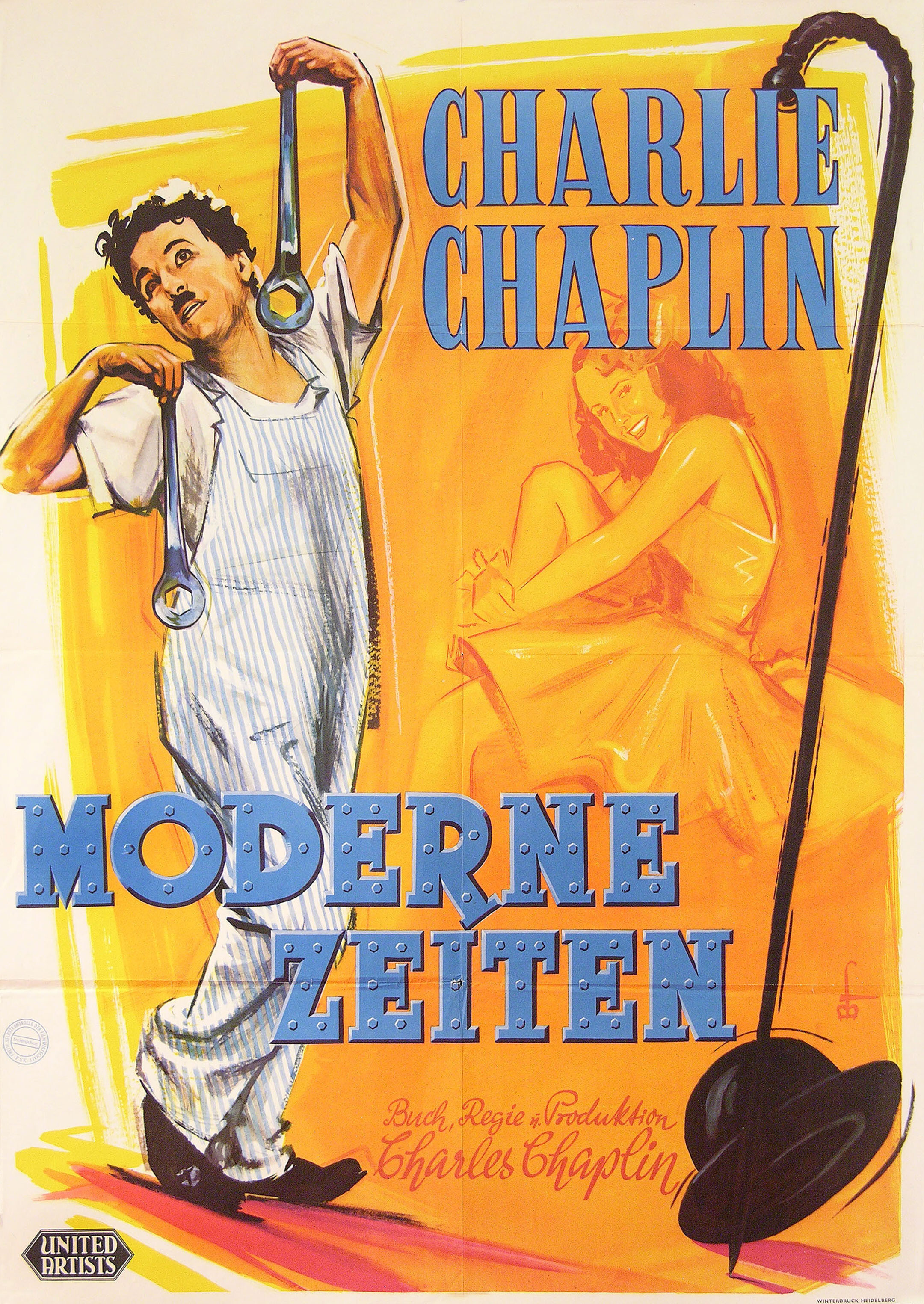 Новые времена (Modern Times, 1936), режиссёр Чарли Чаплин, художественный постер к фильму (Германия, 1955 год)