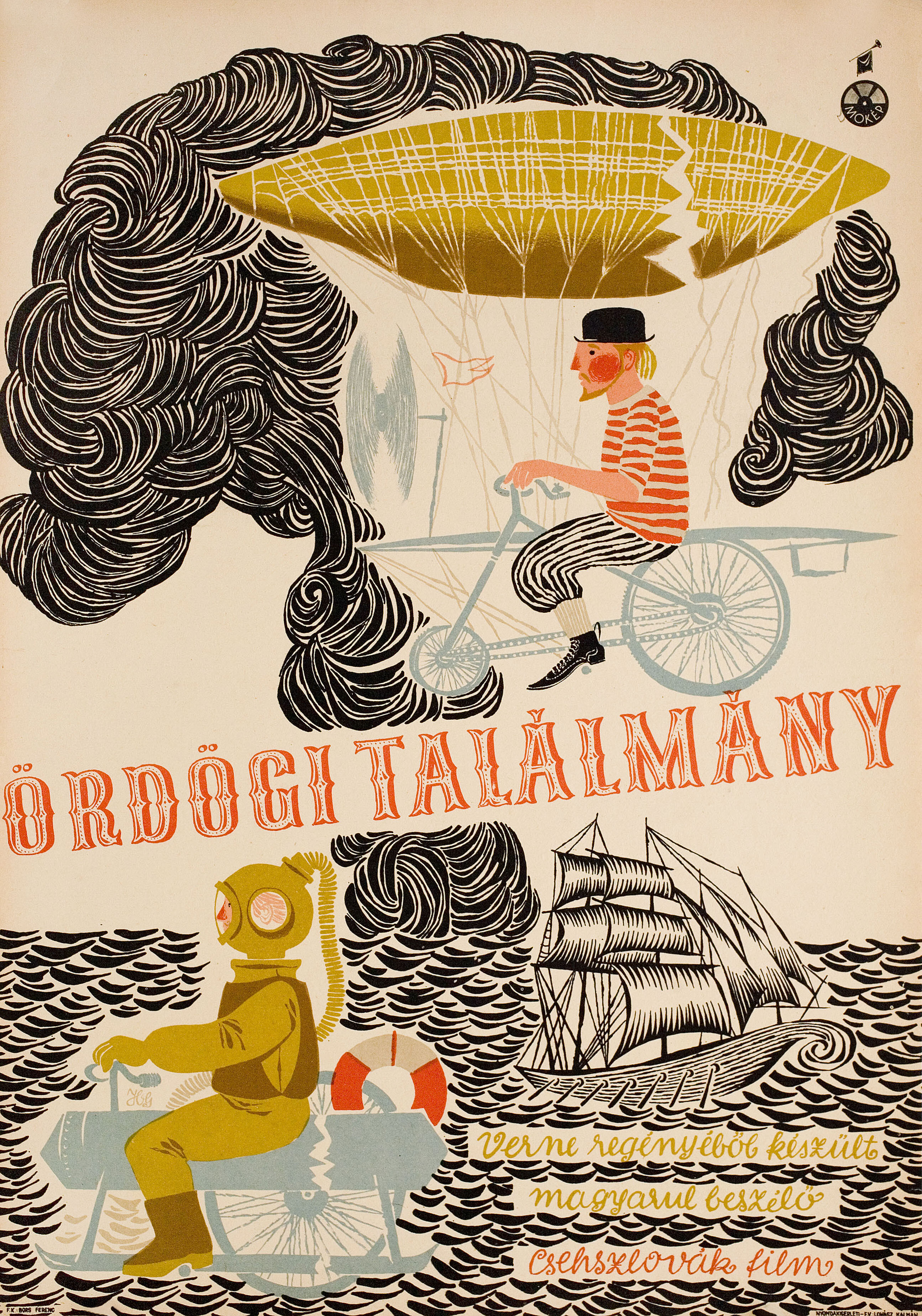 Тайна острова Бэк-Кап (Invention for Destruction, 1958), режиссёр Карел Земан, иллюстрированный постер к фильму (Венгрия, 1958 год), автор Габриэла Хайналова