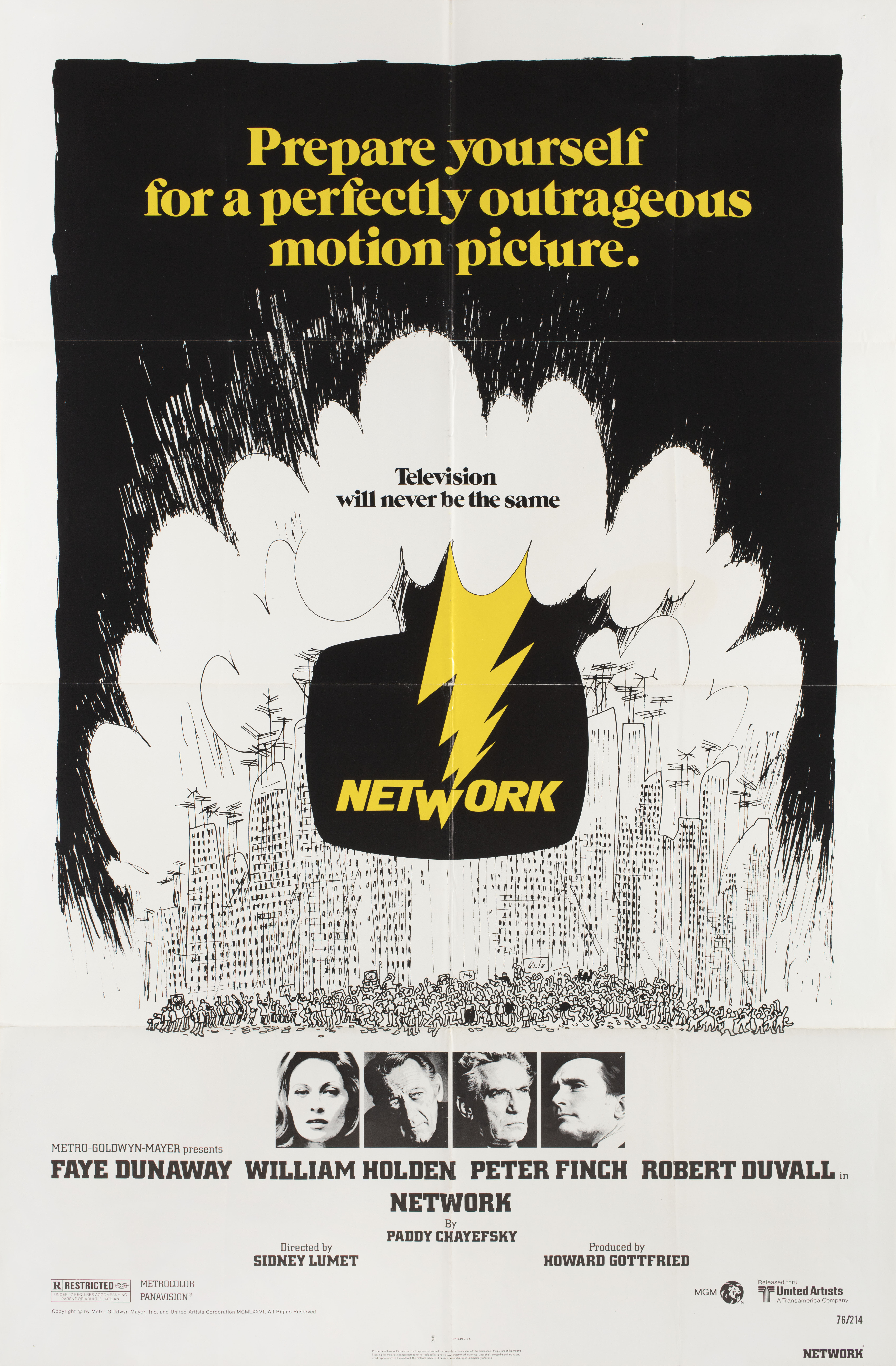 Телесеть (Network, 1976), режиссёр Сидни Люмет, иллюстрированный постер к фильму (США, 1976 год)