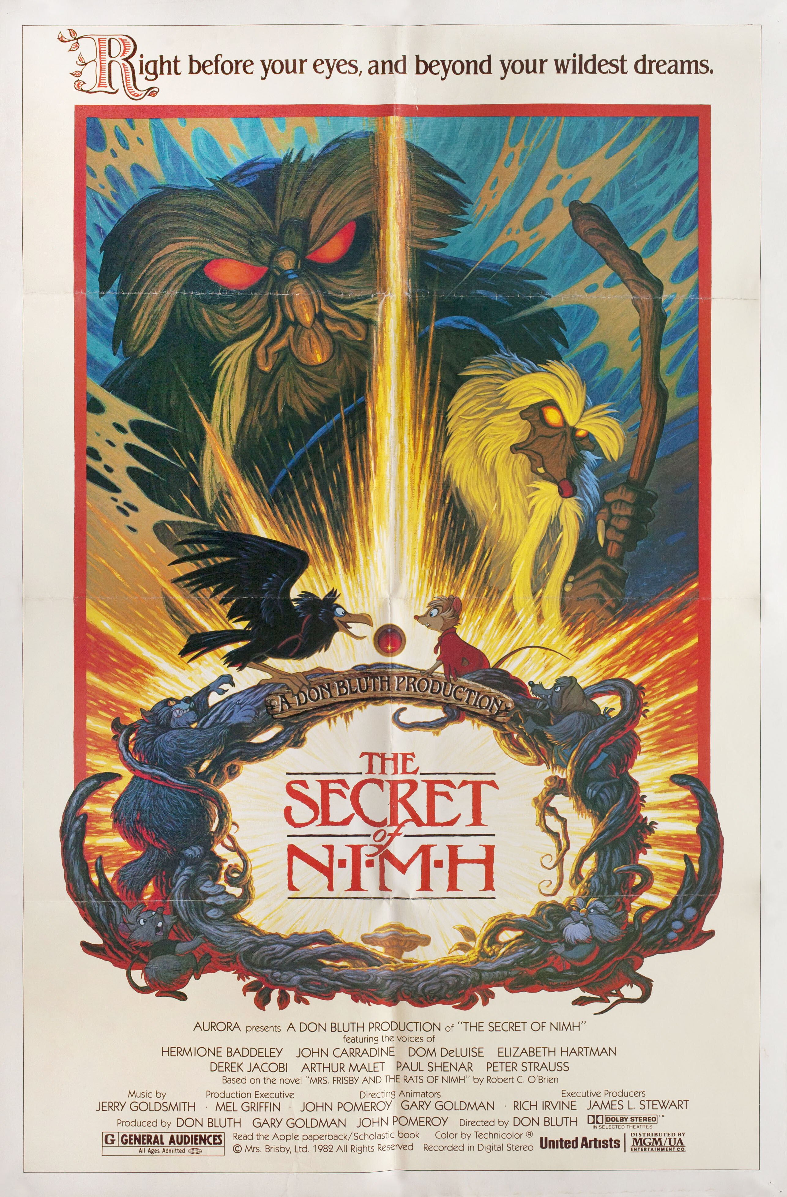 Секрет Н.И.М.Х. (The Secret of NIMH, 1982), режиссёр Дон Блут, иллюстрированный постер к фильму (США, 1982 год), автор Тим Хильдебрандт