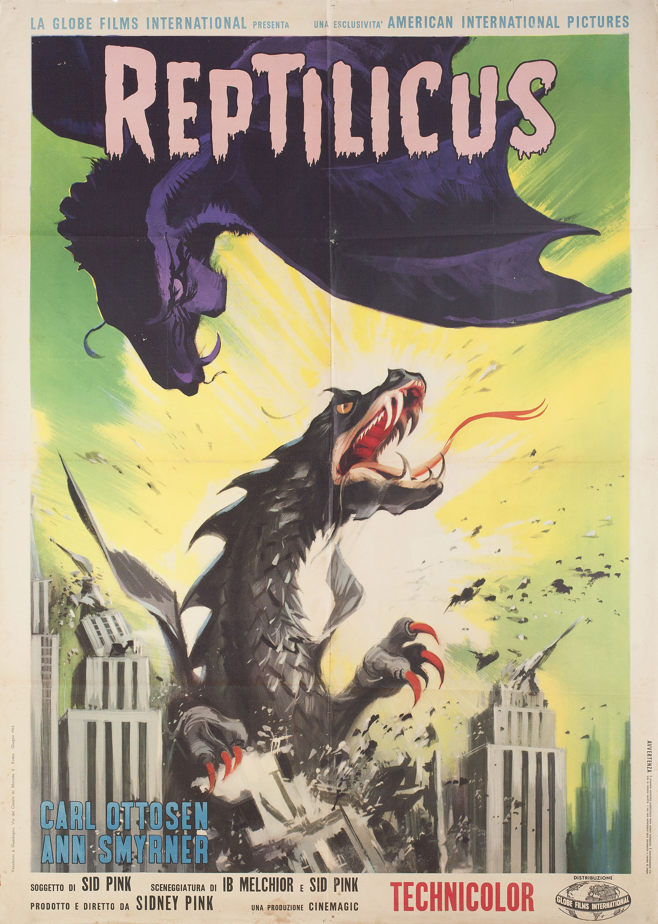 Рептиликус (Reptilicus, 1961), режиссёр Сидни В. Пинк, художественный постер к фильму (Италия, 1963 год)
