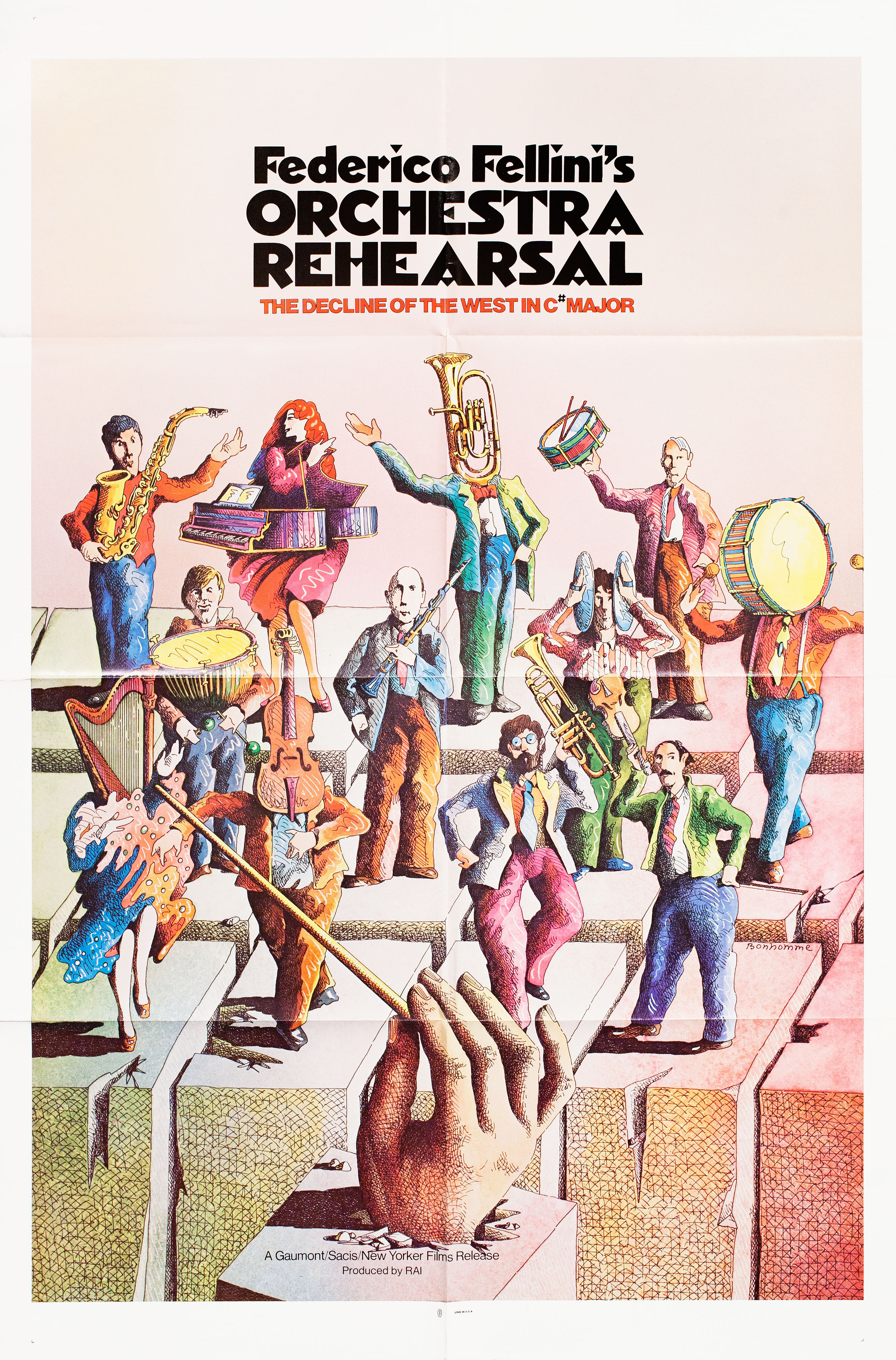 Репетиция оркестра (Orchestra Rehearsal, 1978), режиссёр Федерико Феллини, иллюстрированный постер к фильму (США, 1979 год), автор Бономм