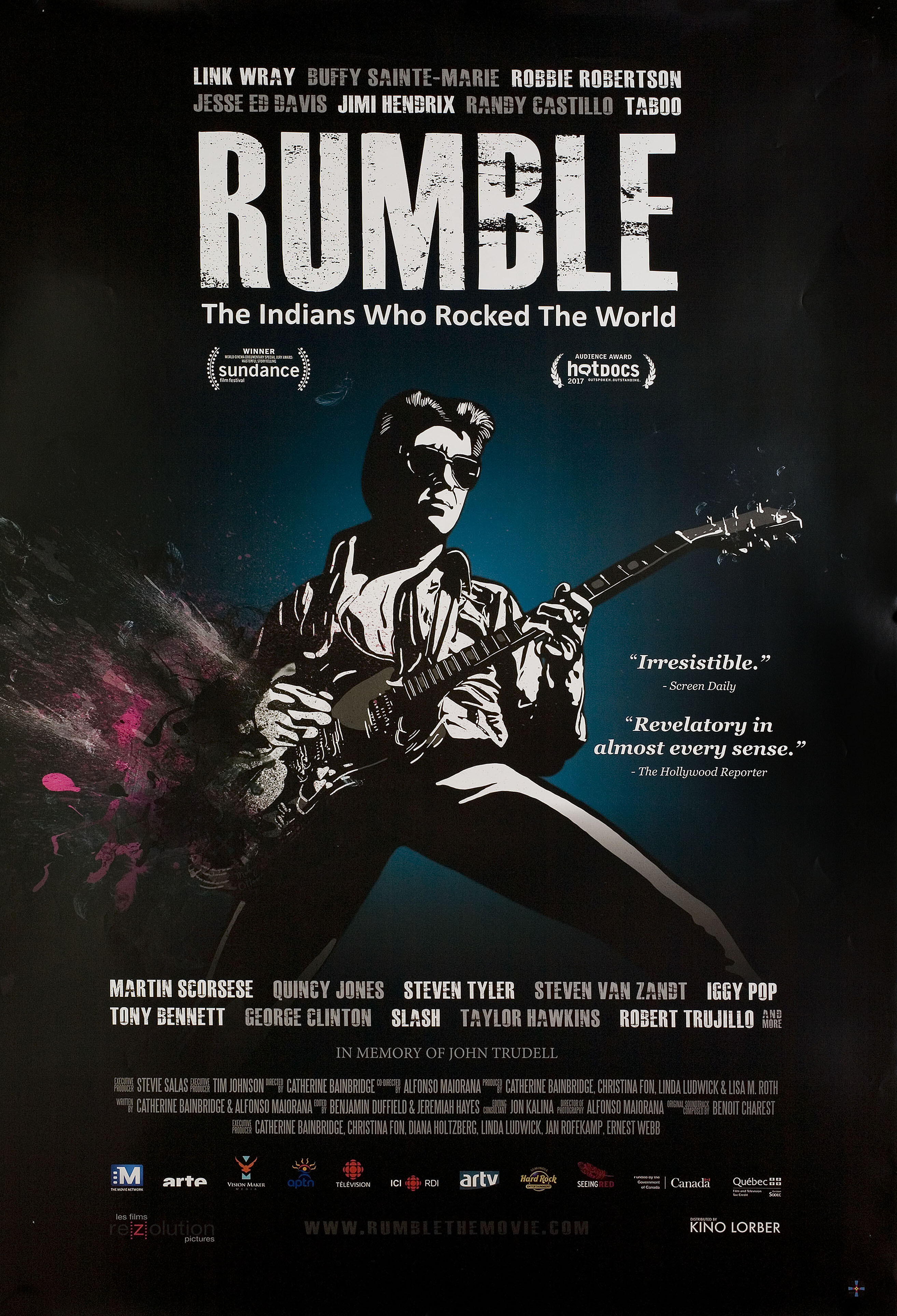 Рамбл: Индейцы, которые зажгли мир (Rumble The Indians Who Rocked The World, 2017), режиссёр Кэтрин Бейнбридж, иллюстрированный постер к фильму (США, 2017 год)
