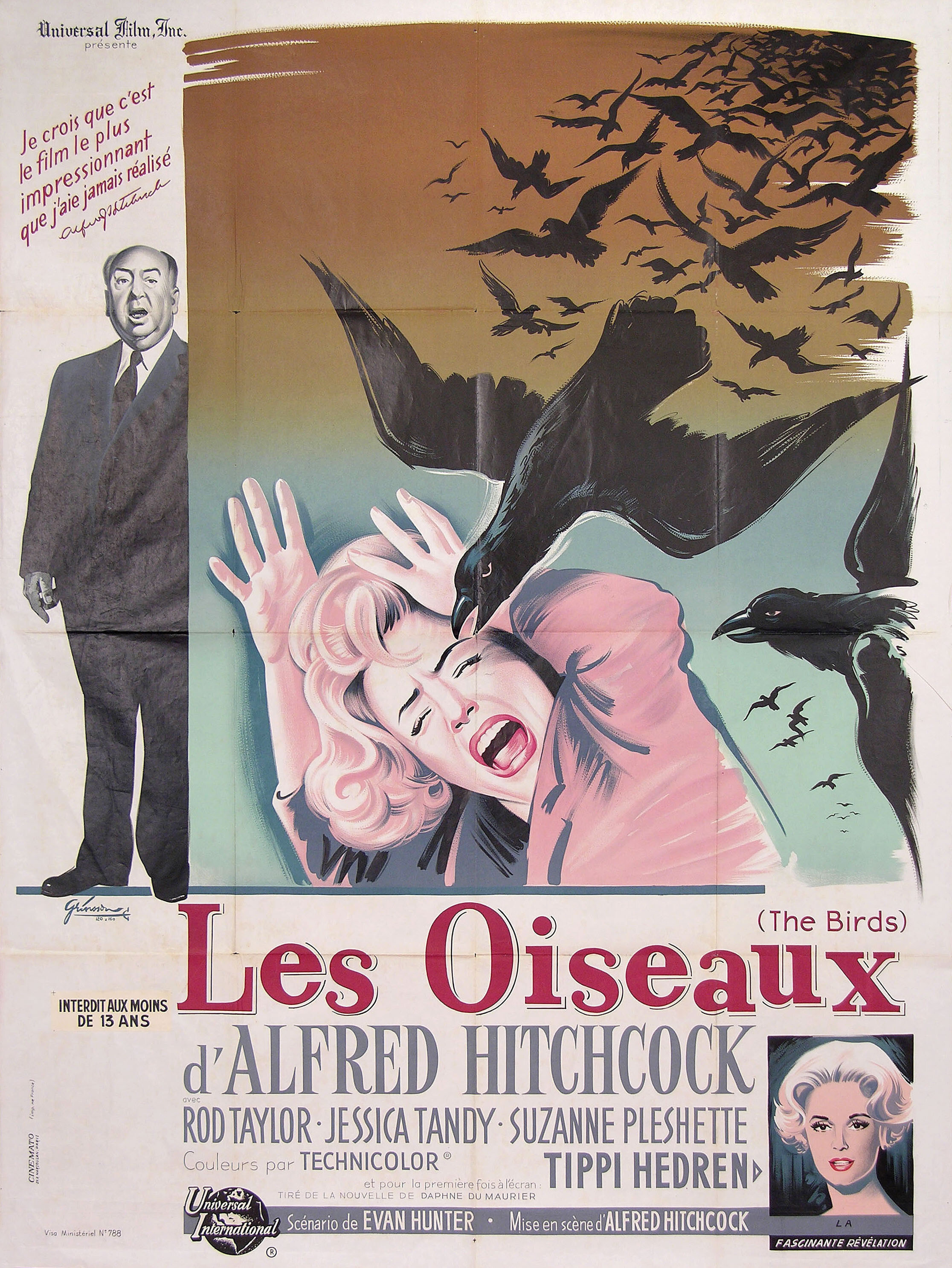 Птицы (The Birds, 1963), режиссёр Альфред Хичкок, художественный постер к фильму (Франция, 1963 год), автор Борис Гринссон
